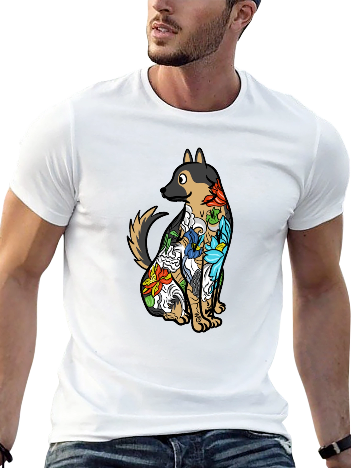 Floral Dog Print Black T-Shirt