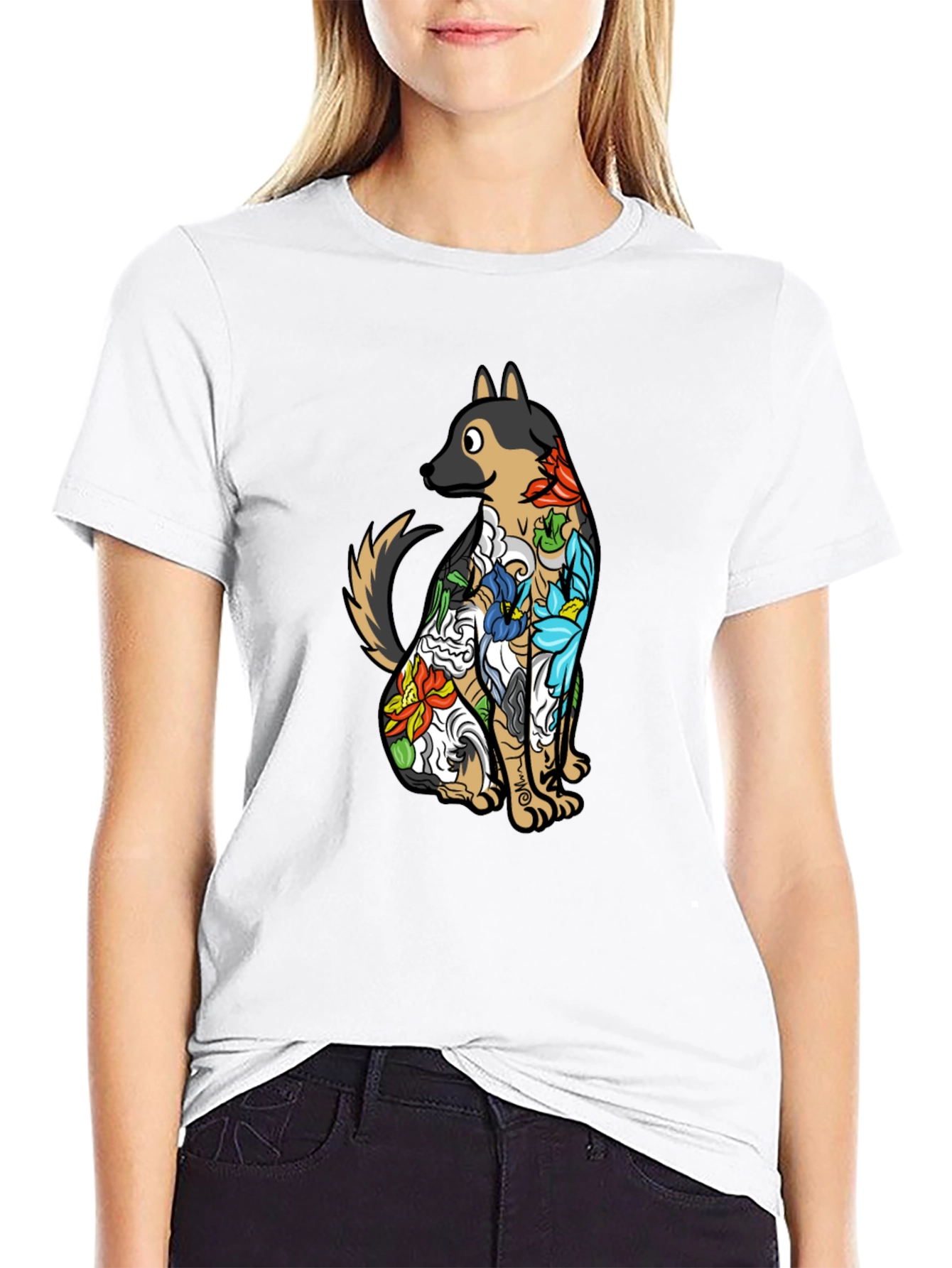 Floral Dog Print Black T-Shirt
