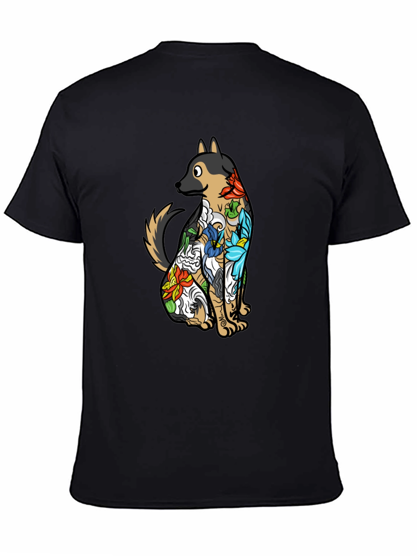 Floral Dog Print Black T-Shirt