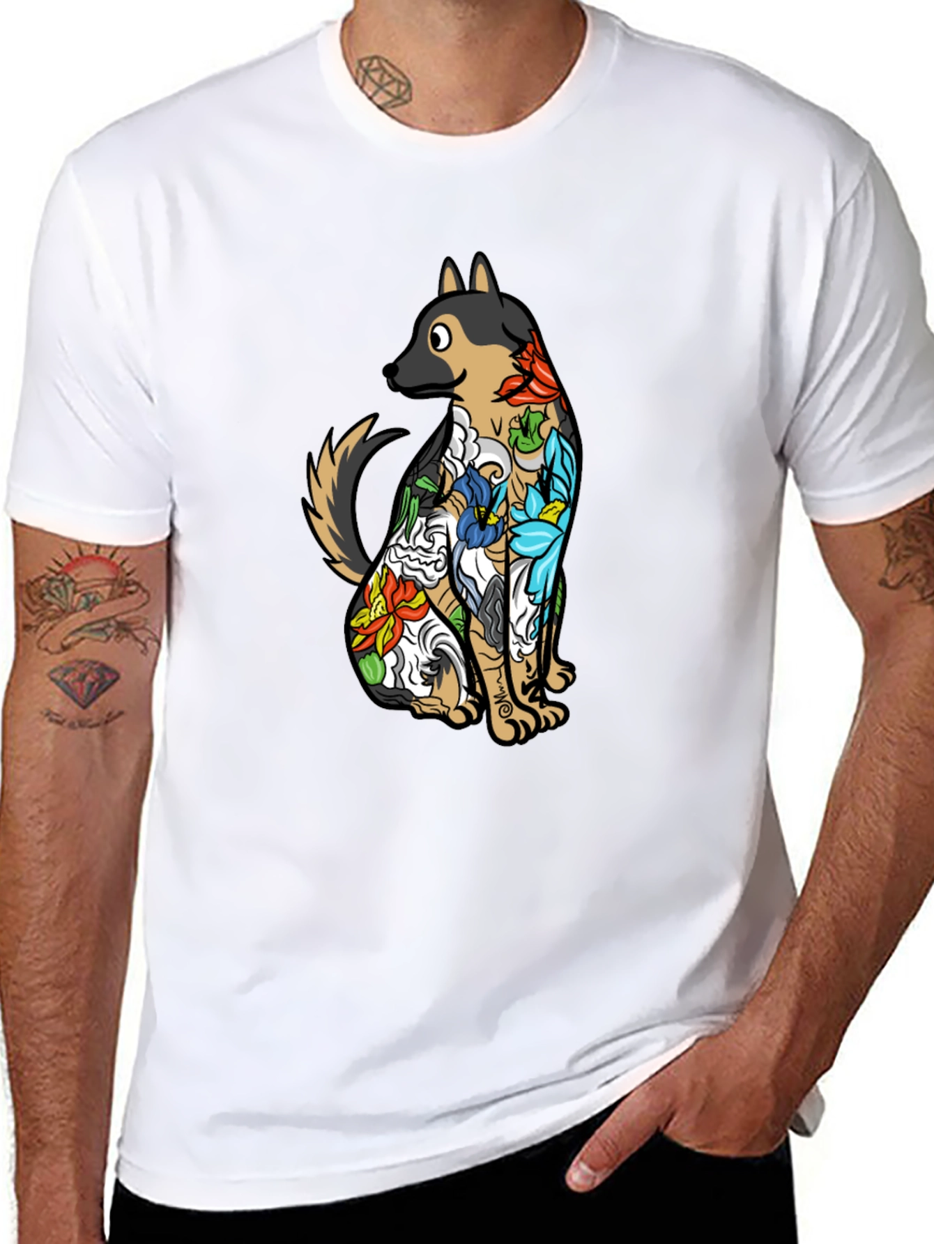 Floral Dog Print Black T-Shirt
