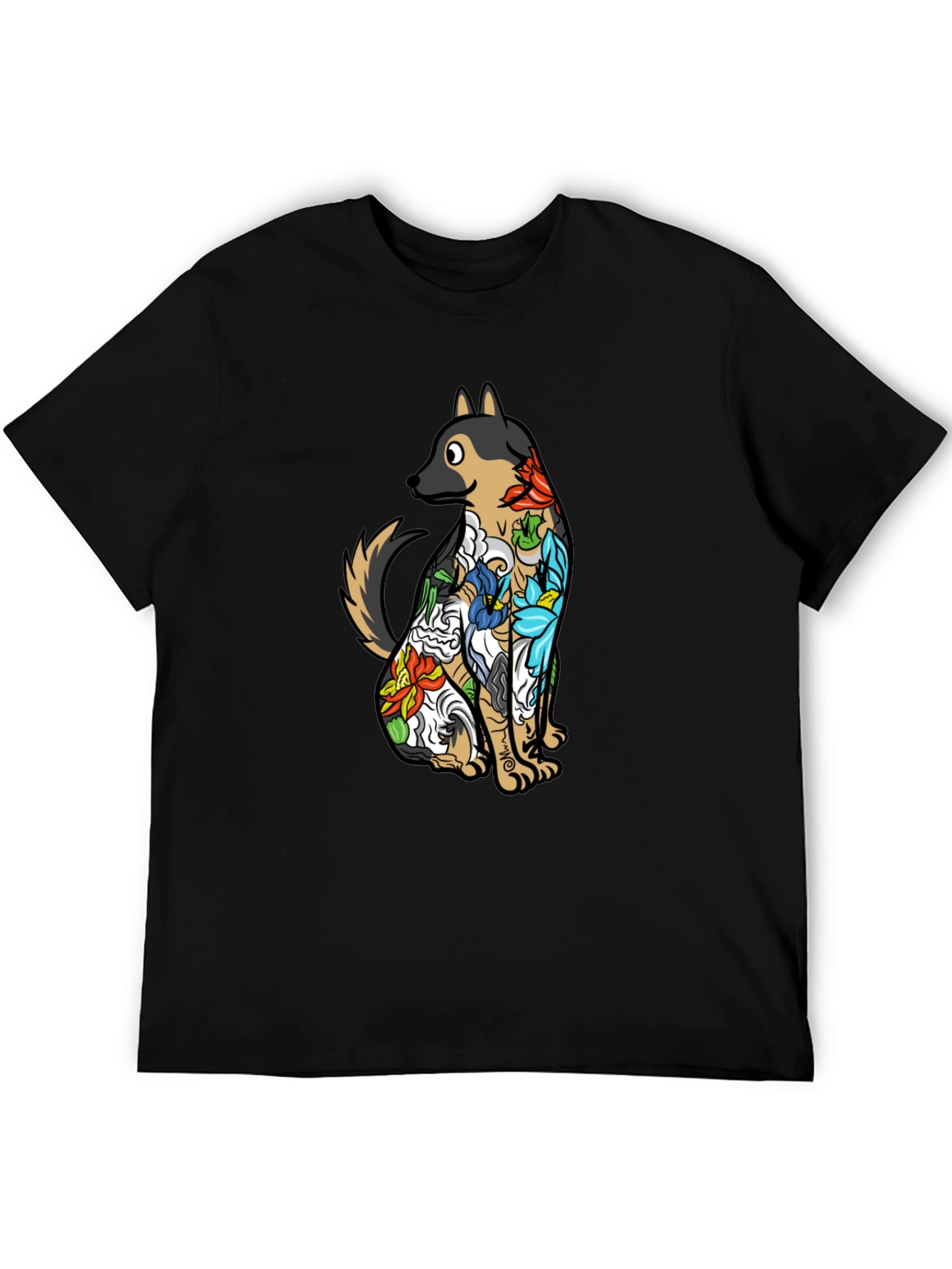 Floral Dog Print Black T-Shirt