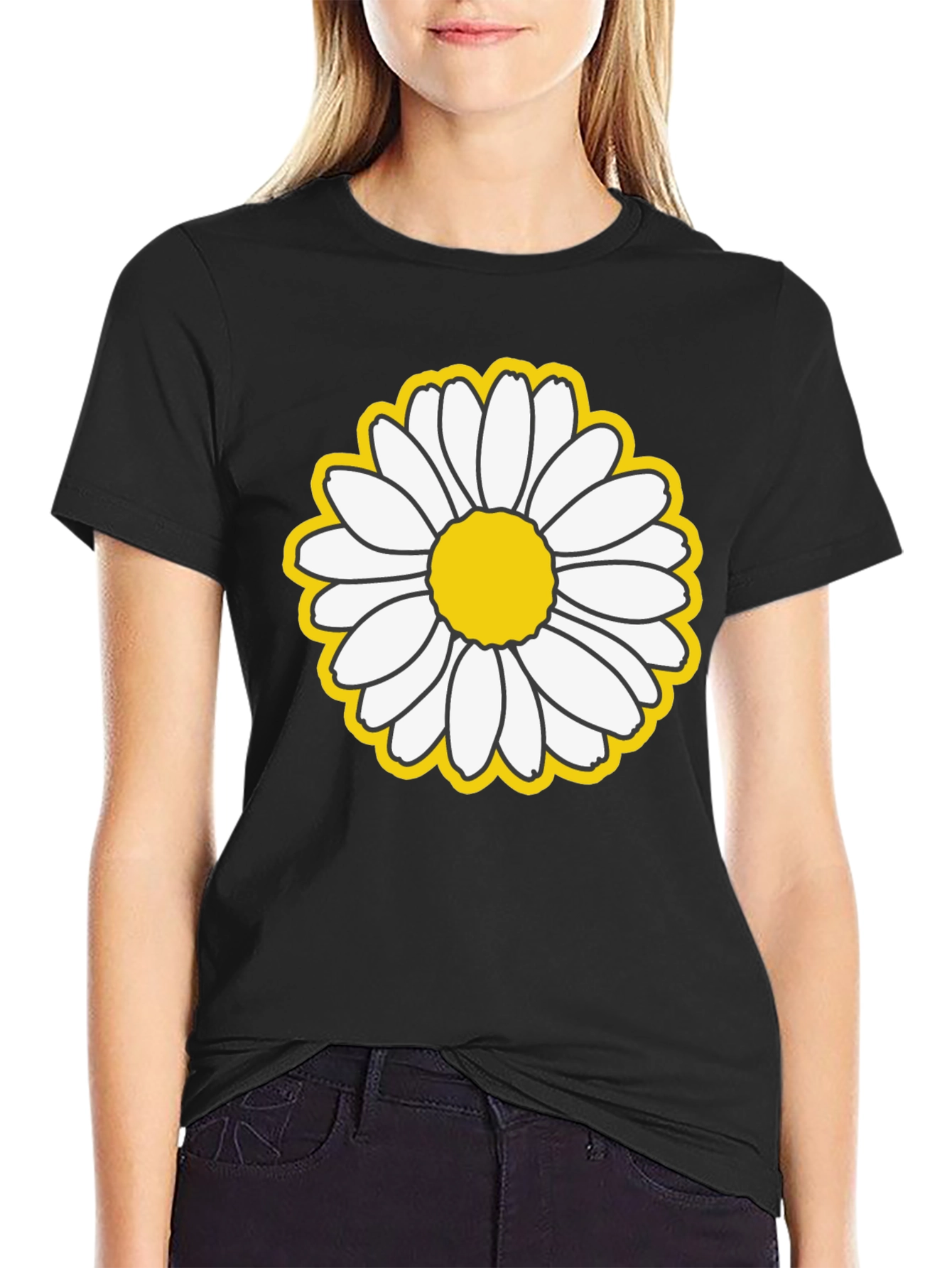 Daisy Flower Graphic Black T-Shirt