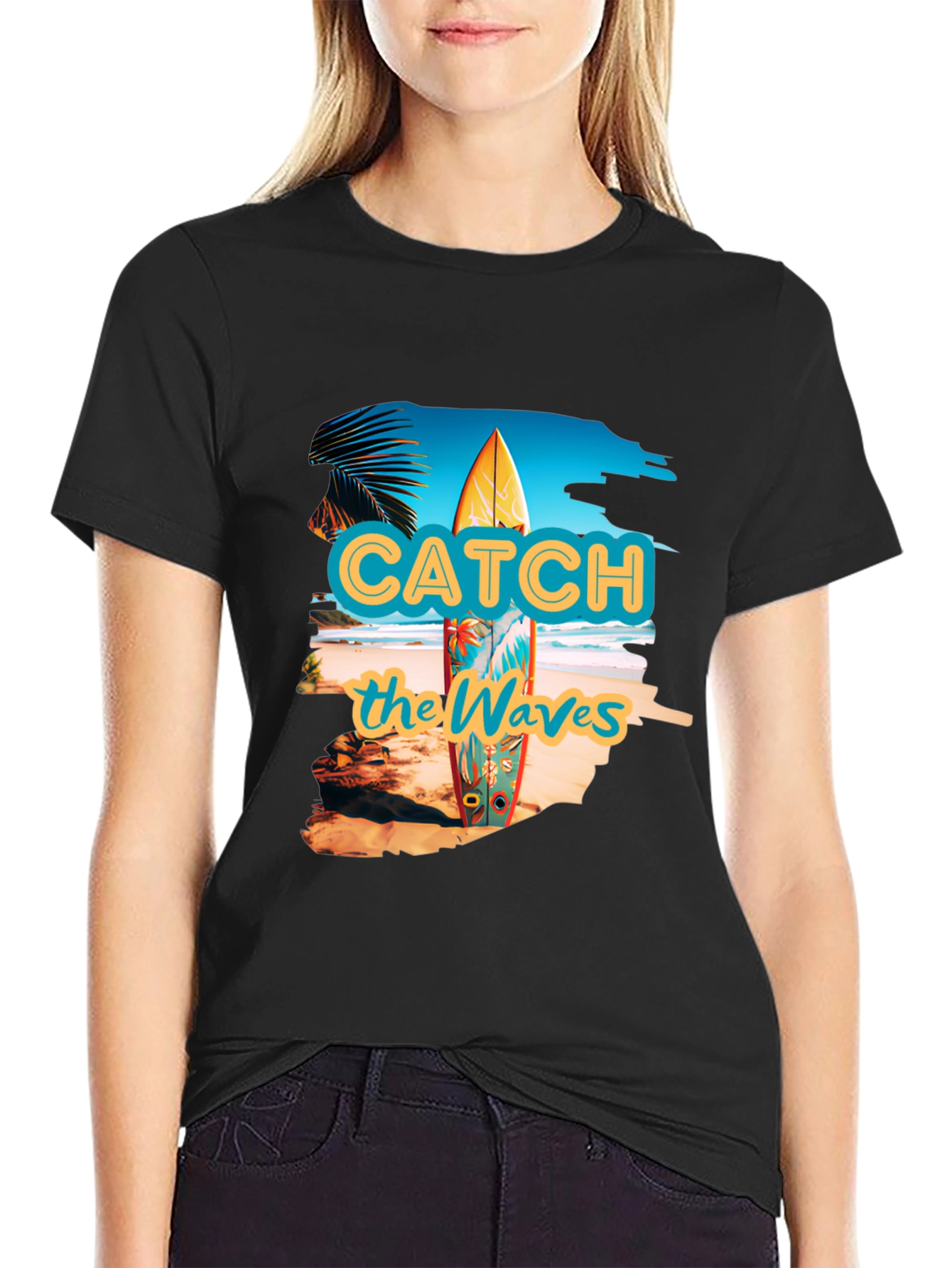 Catch the Waves Black Graphic T-Shirt