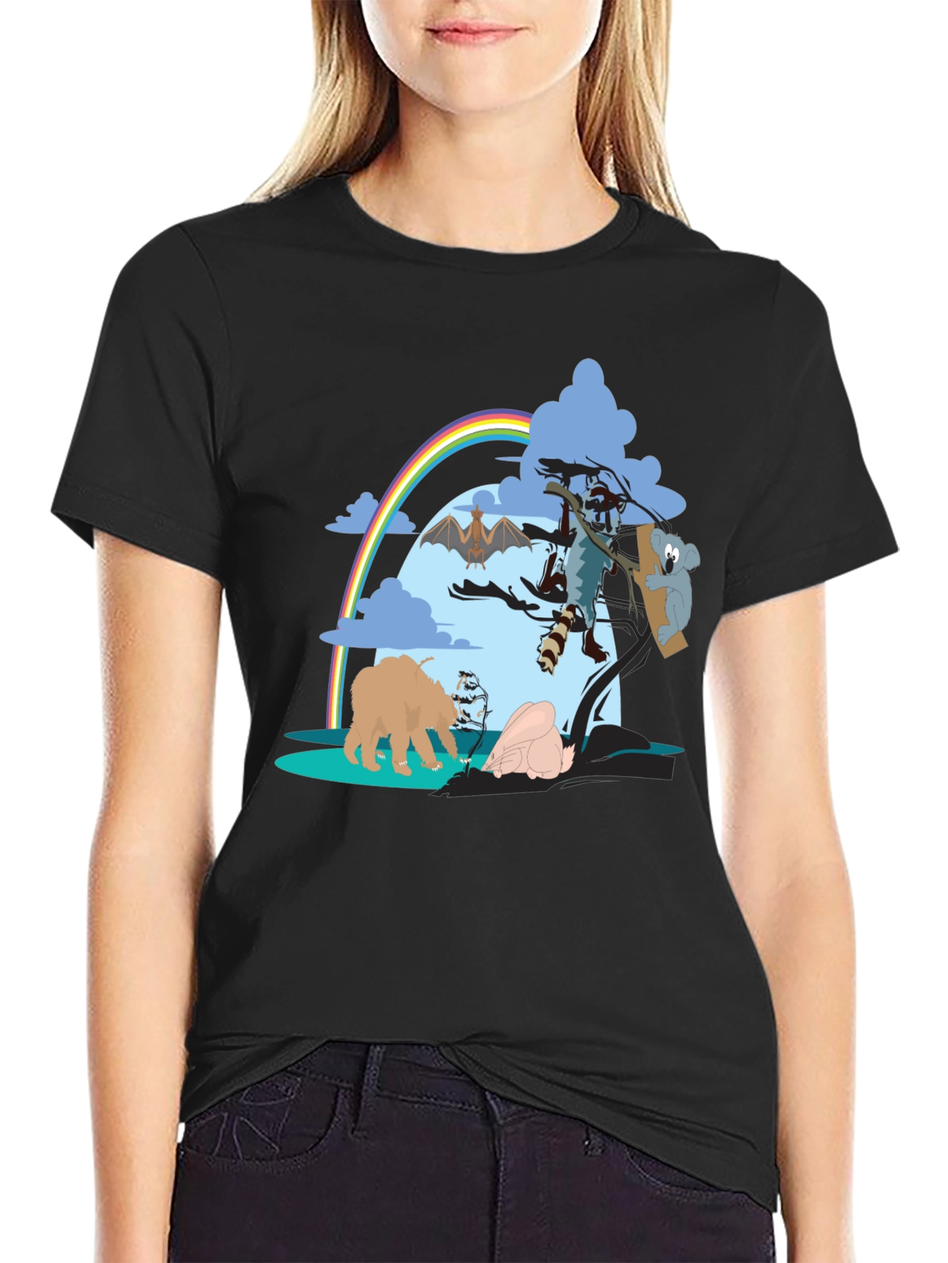 Cartoon Animal Print Black T-Shirt