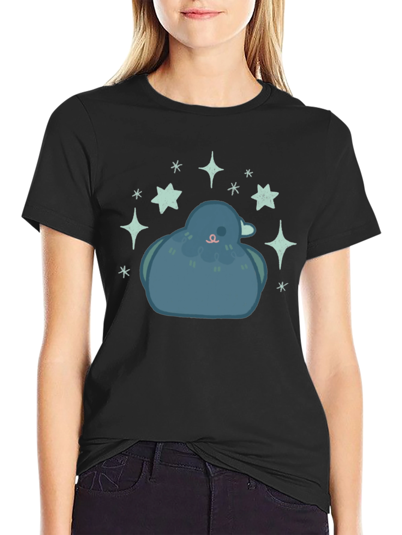 Pigeon Starry Tee - Cute Bird Graphic Black T-Shirt