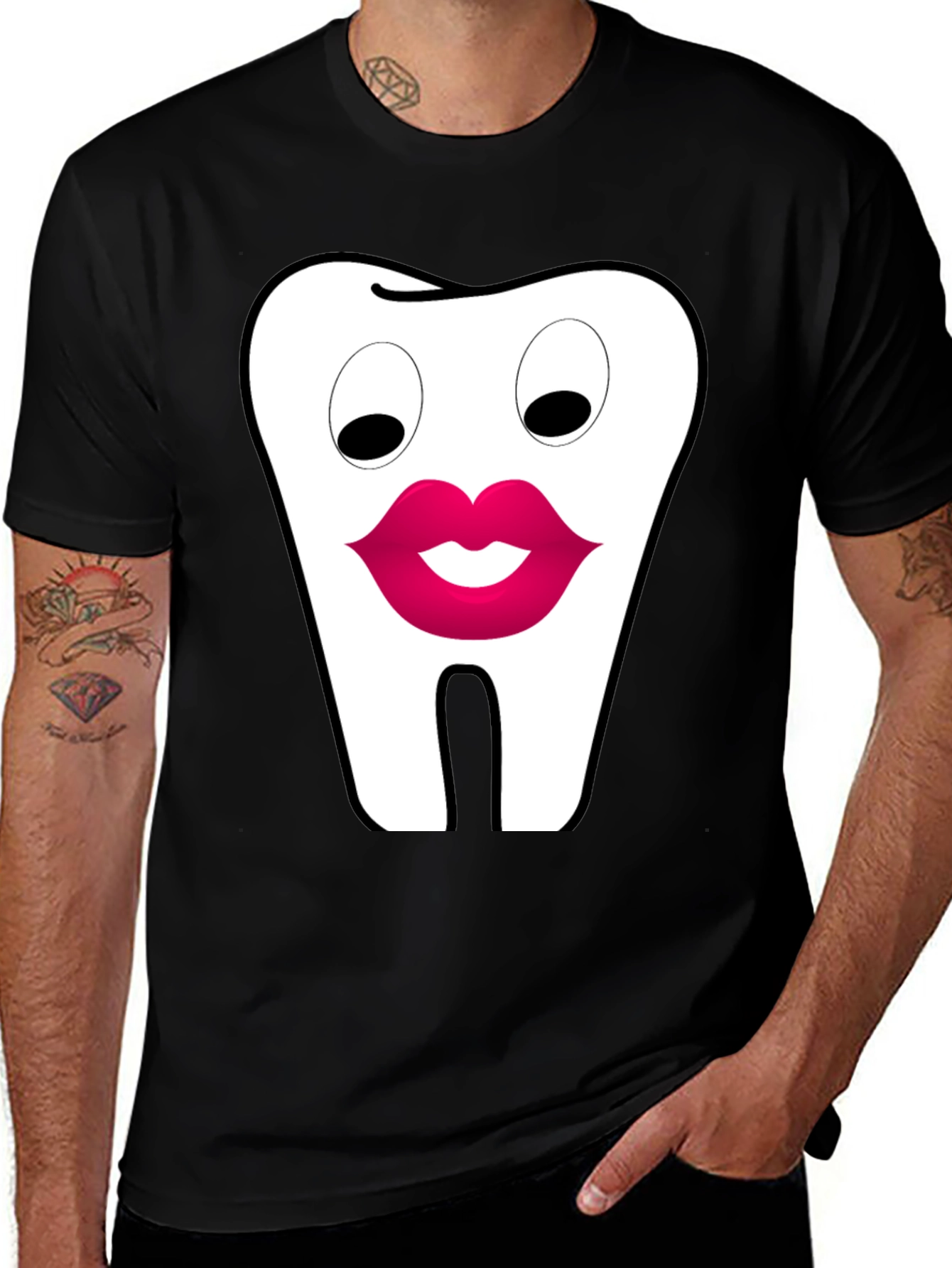 Funny Tooth Lips Graphic Tee - Black Cotton T-Shirt