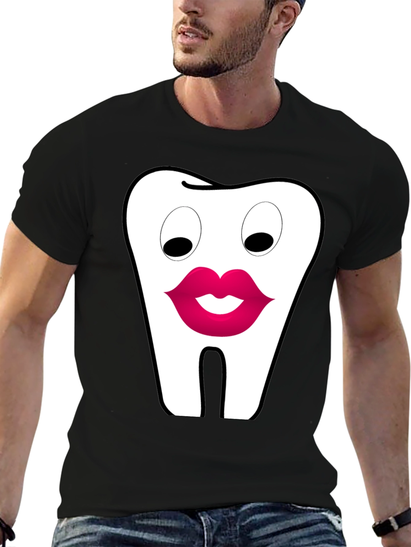 Funny Tooth Lips Graphic Tee - Black Cotton T-Shirt