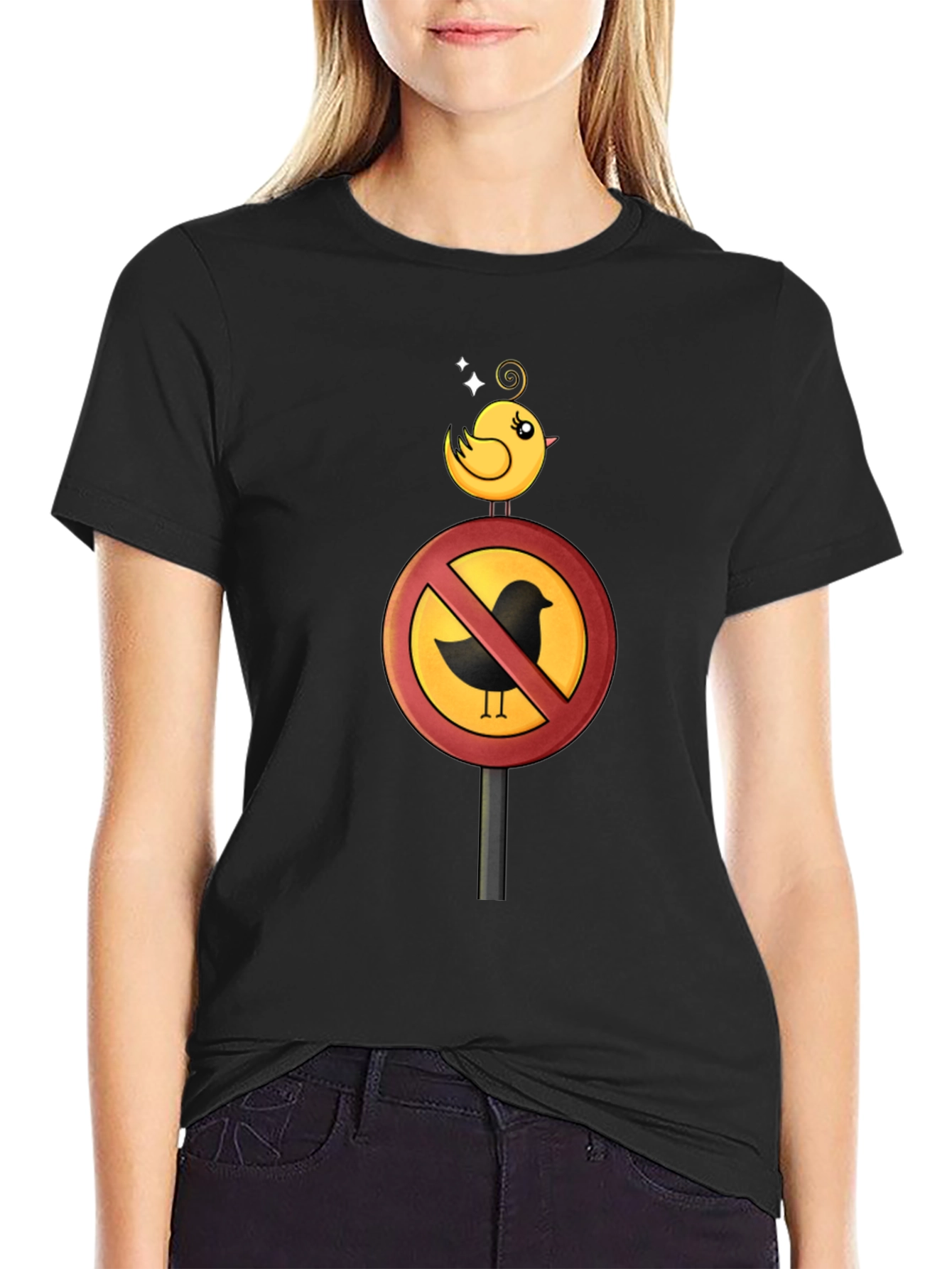 Funny Bird Ban Cartoon Graphic T-Shirt