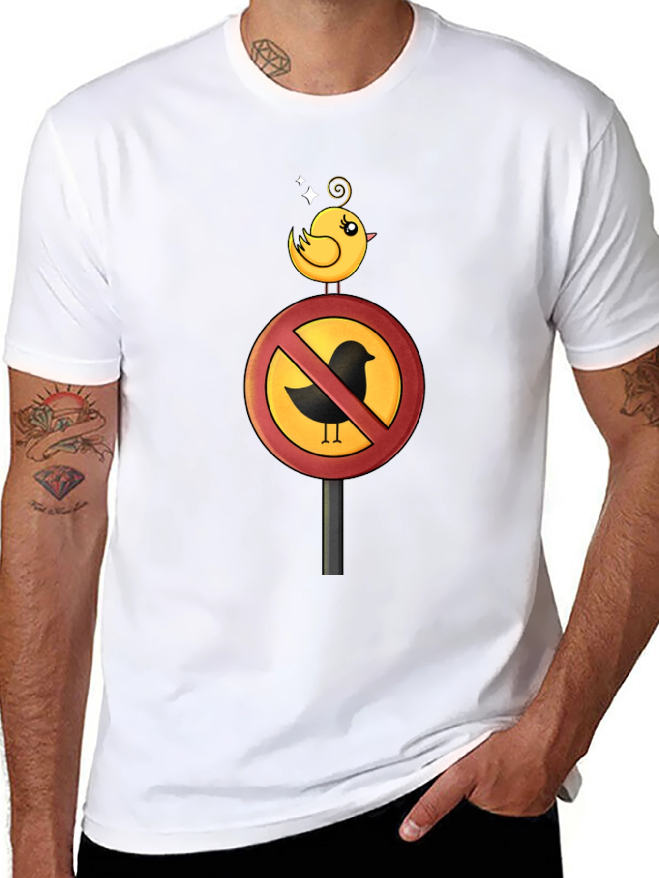 Funny Bird Ban Cartoon Graphic T-Shirt