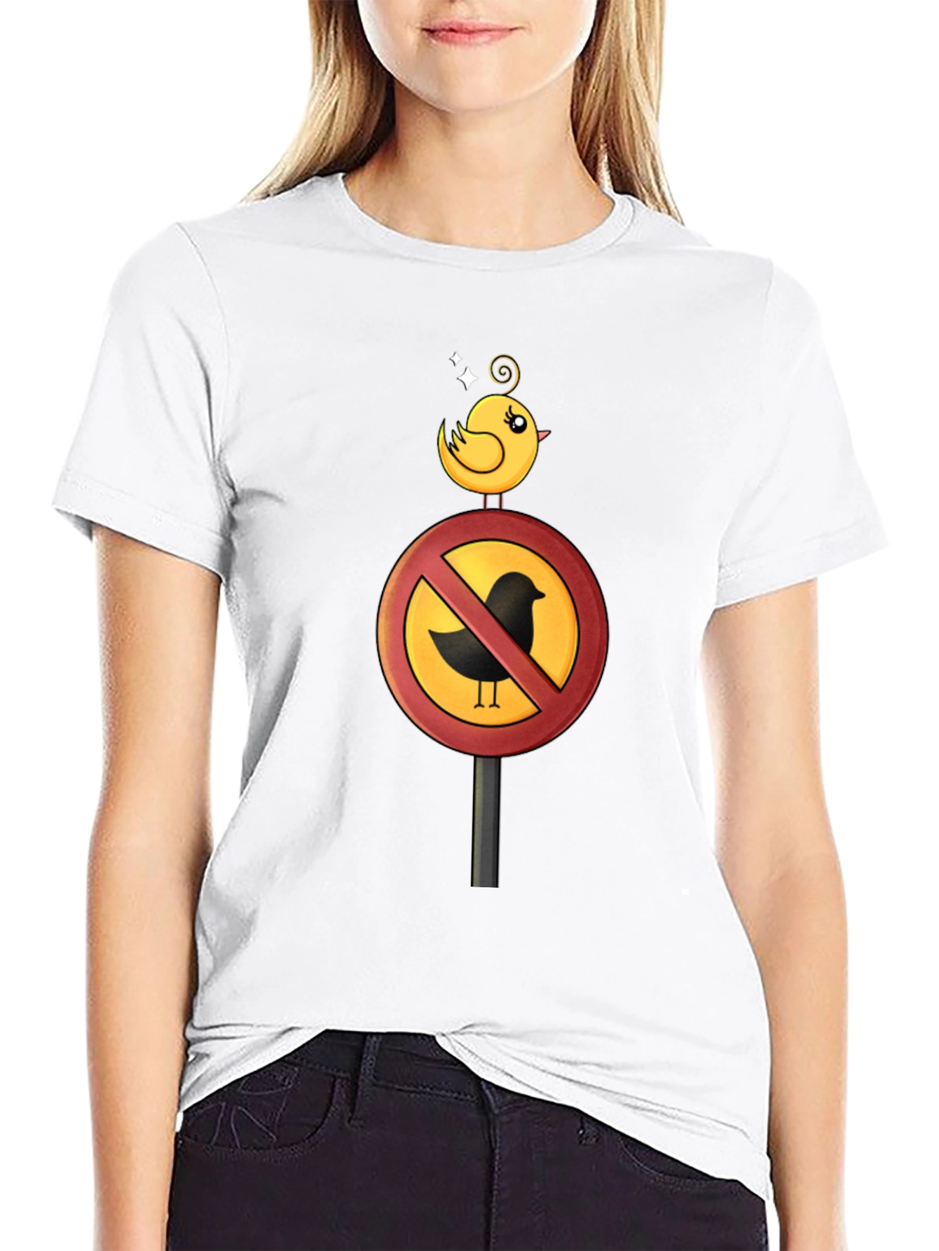 Funny Bird Ban Cartoon Graphic T-Shirt