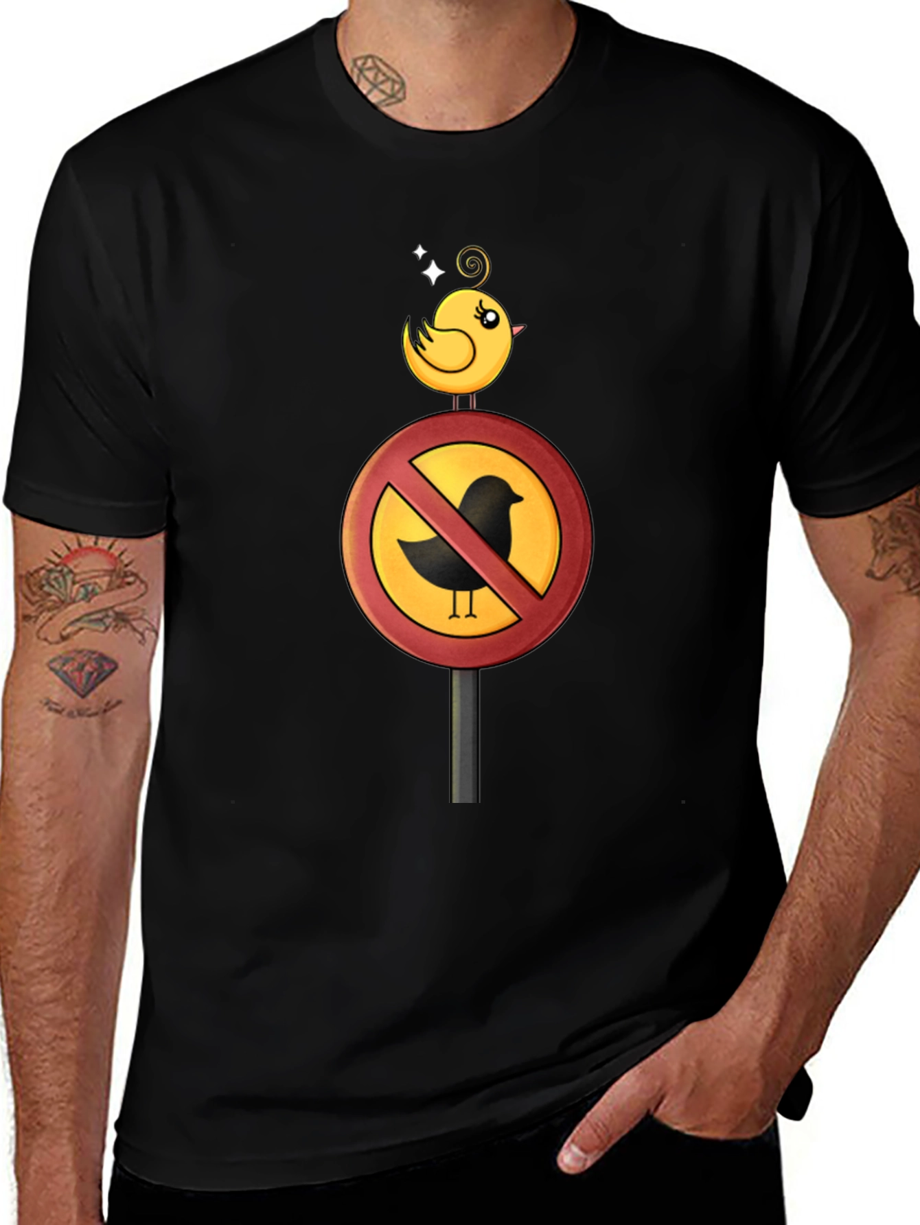 Funny Bird Ban Cartoon Graphic T-Shirt