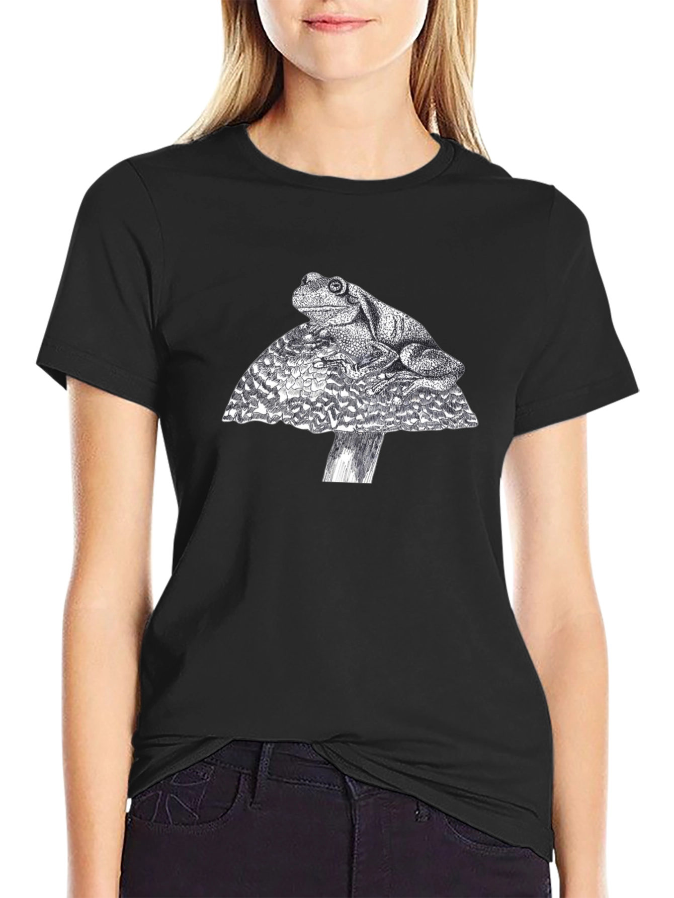 Frog on Mushroom Graphic Tee - Black Cotton T-Shirt
