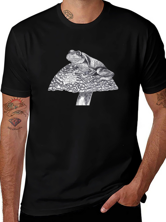 Frog on Mushroom Graphic Tee - Black Cotton T-Shirt