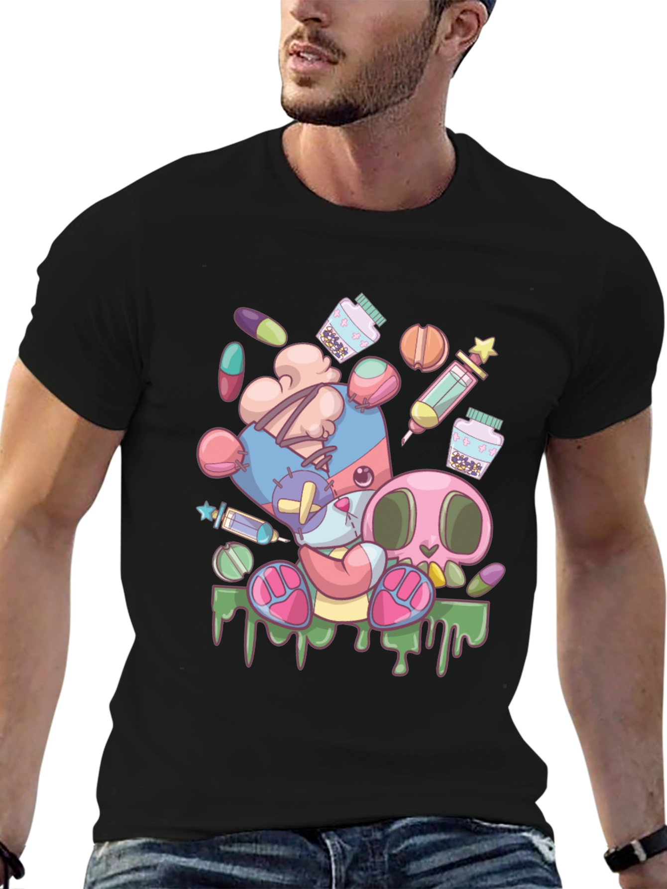 Creepy Cute Cartoon Print Black T-Shirt
