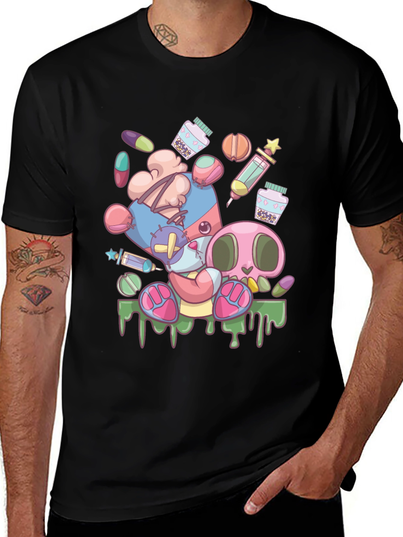 Creepy Cute Cartoon Print Black T-Shirt