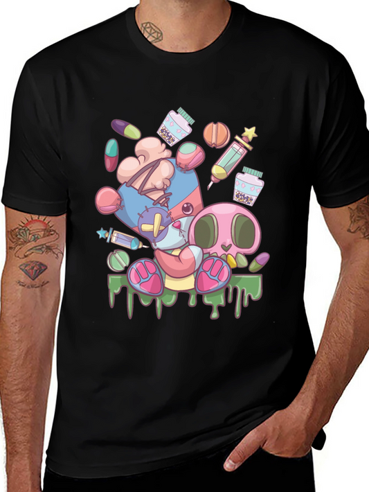 Creepy Cute Cartoon Print Black T-Shirt