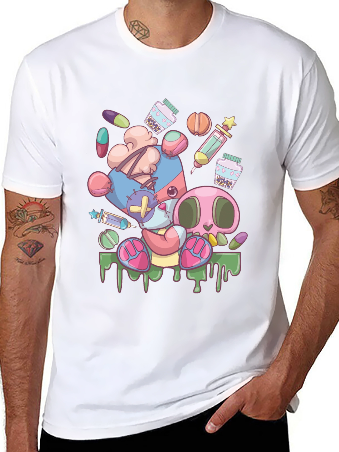 Creepy Cute Cartoon Print Black T-Shirt