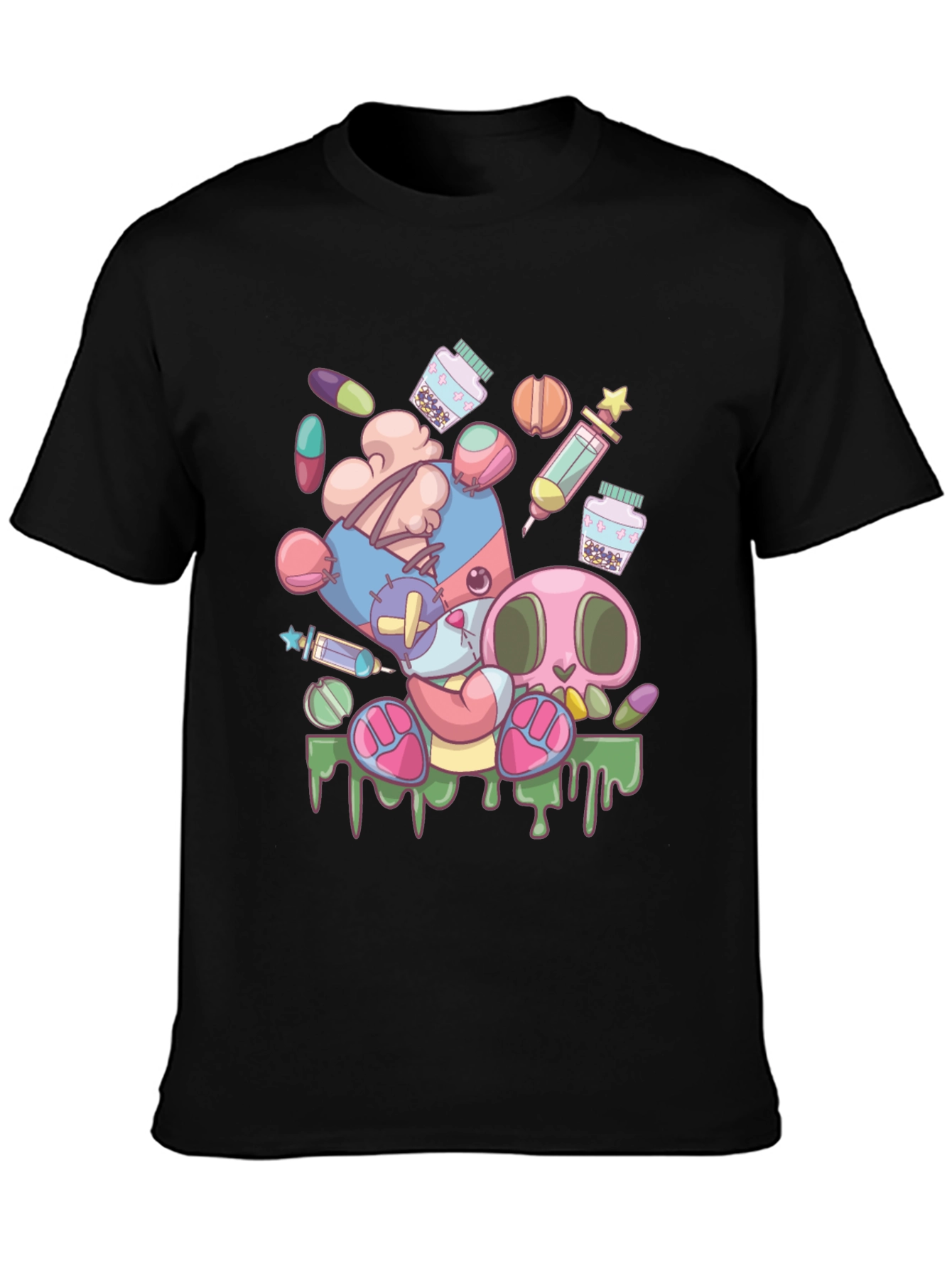 Creepy Cute Cartoon Print Black T-Shirt