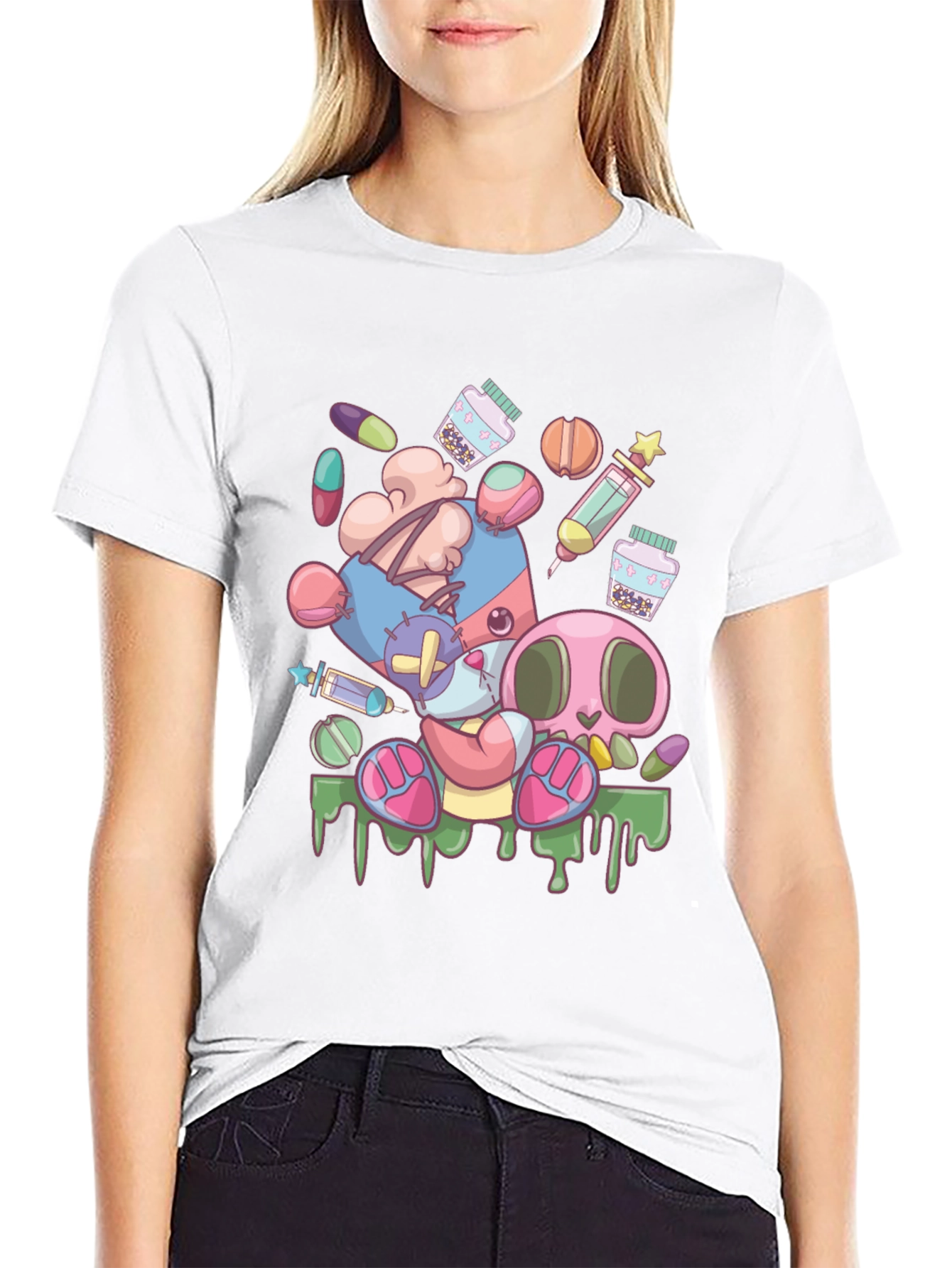 Creepy Cute Cartoon Print Black T-Shirt