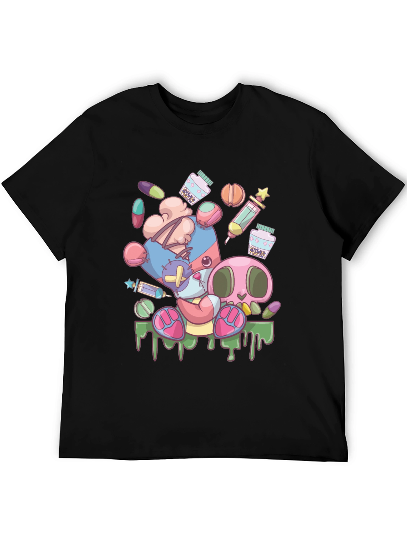 Creepy Cute Cartoon Print Black T-Shirt
