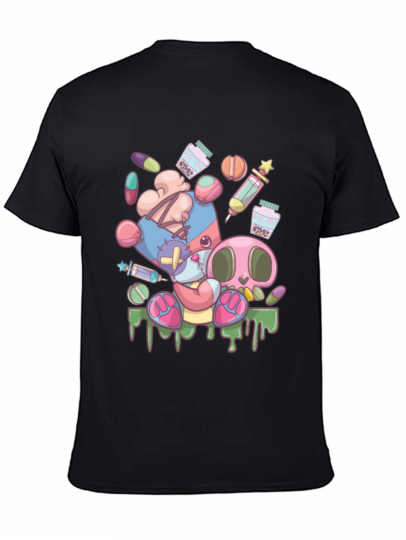 Creepy Cute Cartoon Print Black T-Shirt