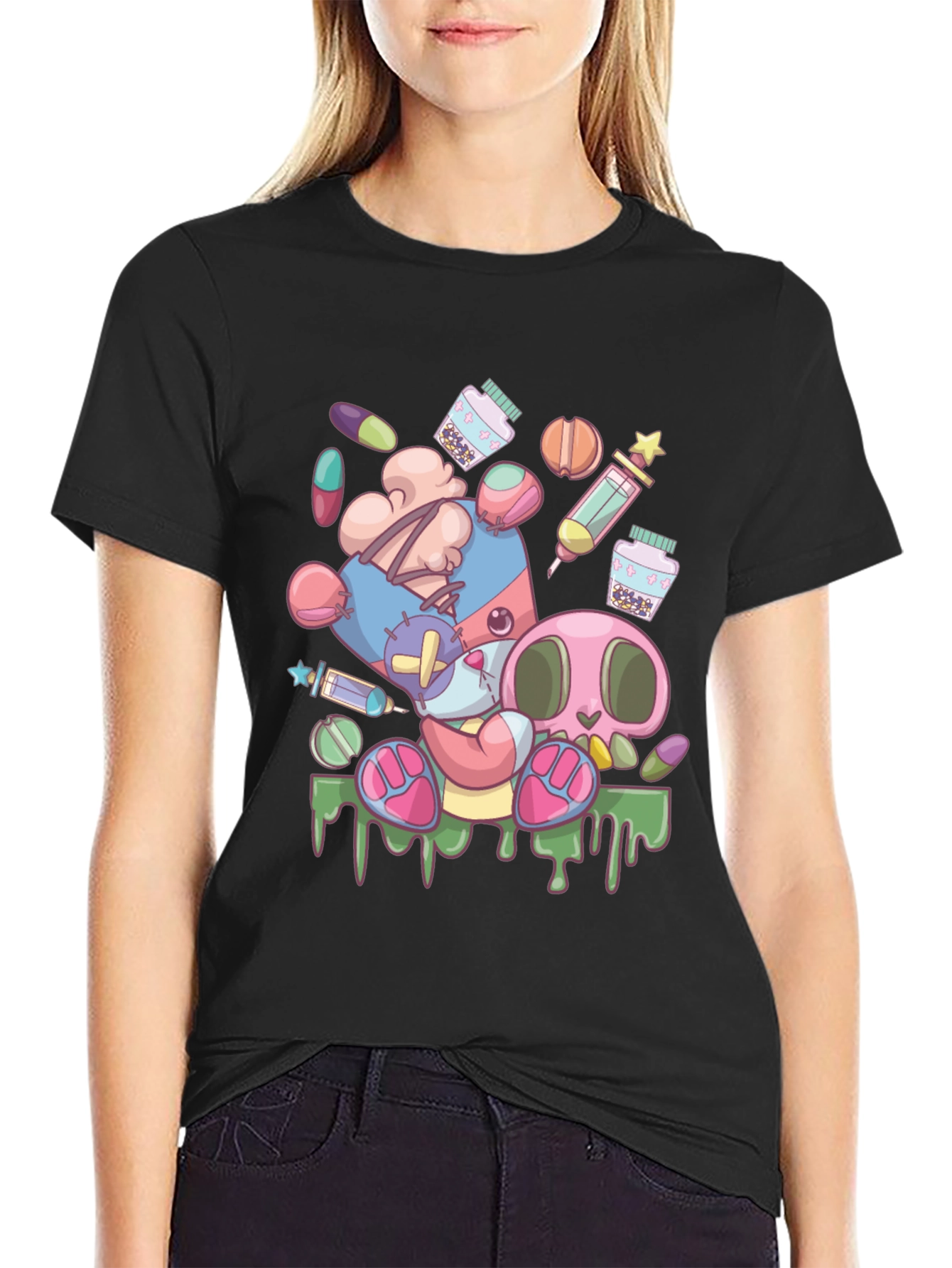 Creepy Cute Cartoon Print Black T-Shirt