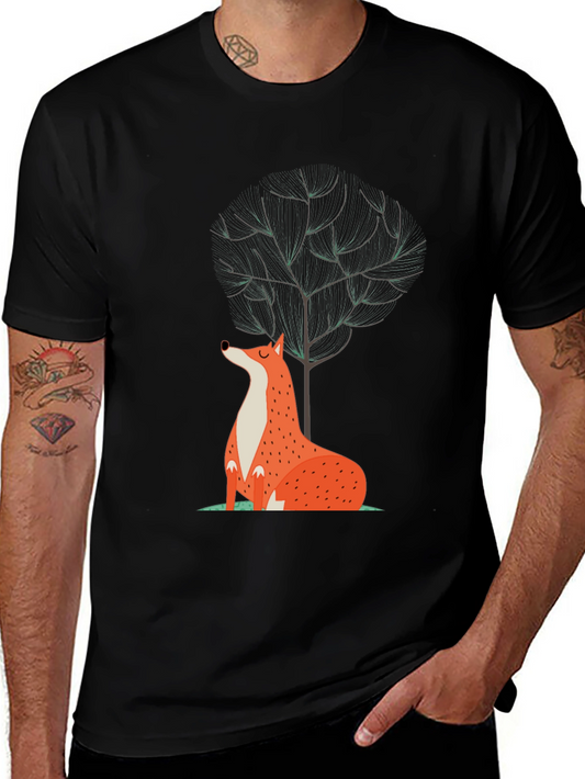Fox & Tree Graphic Tee - Black Cotton Casual T-Shirt