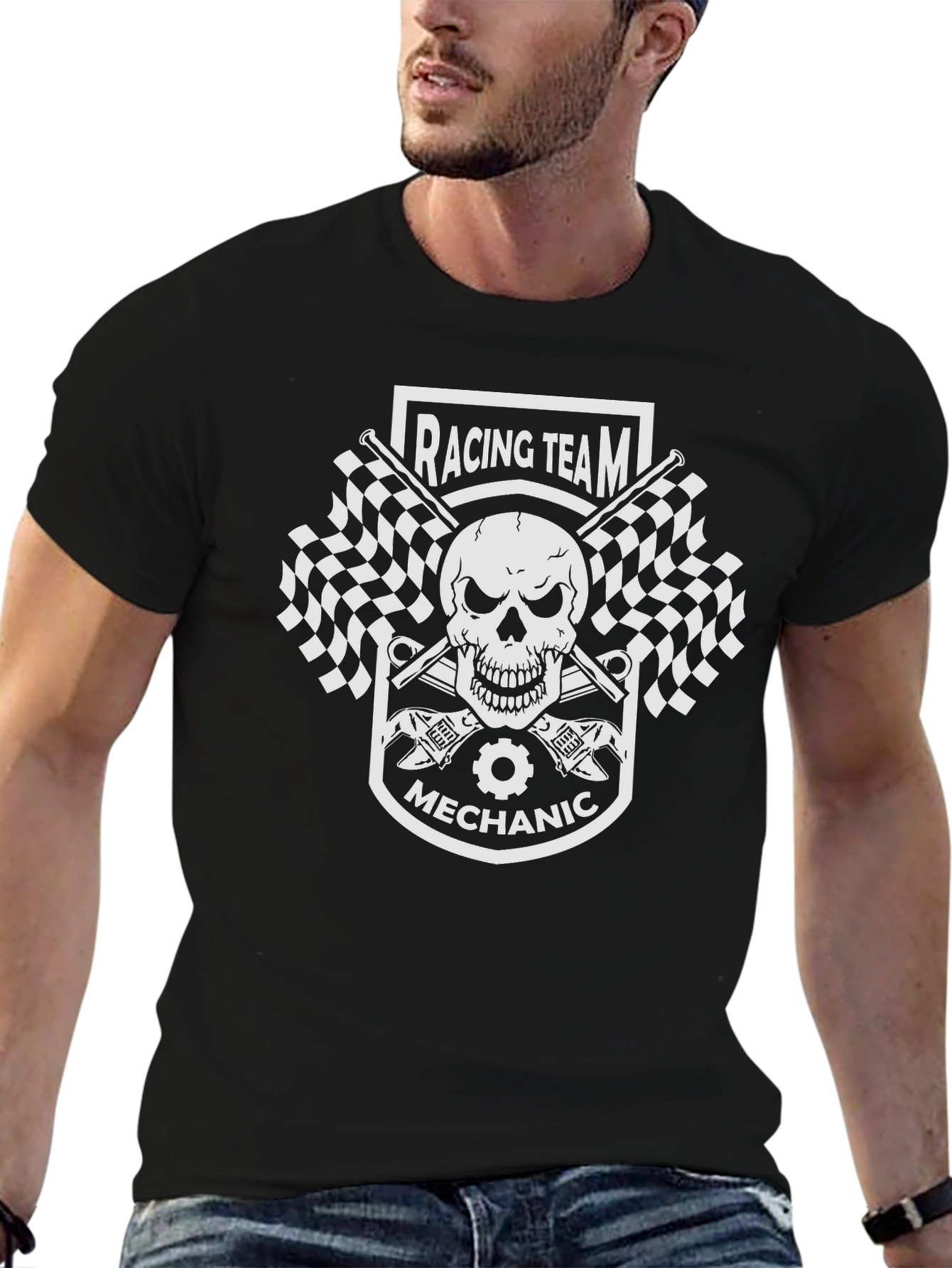 Racing Team Mechanic Skull Graphic T-Shirt