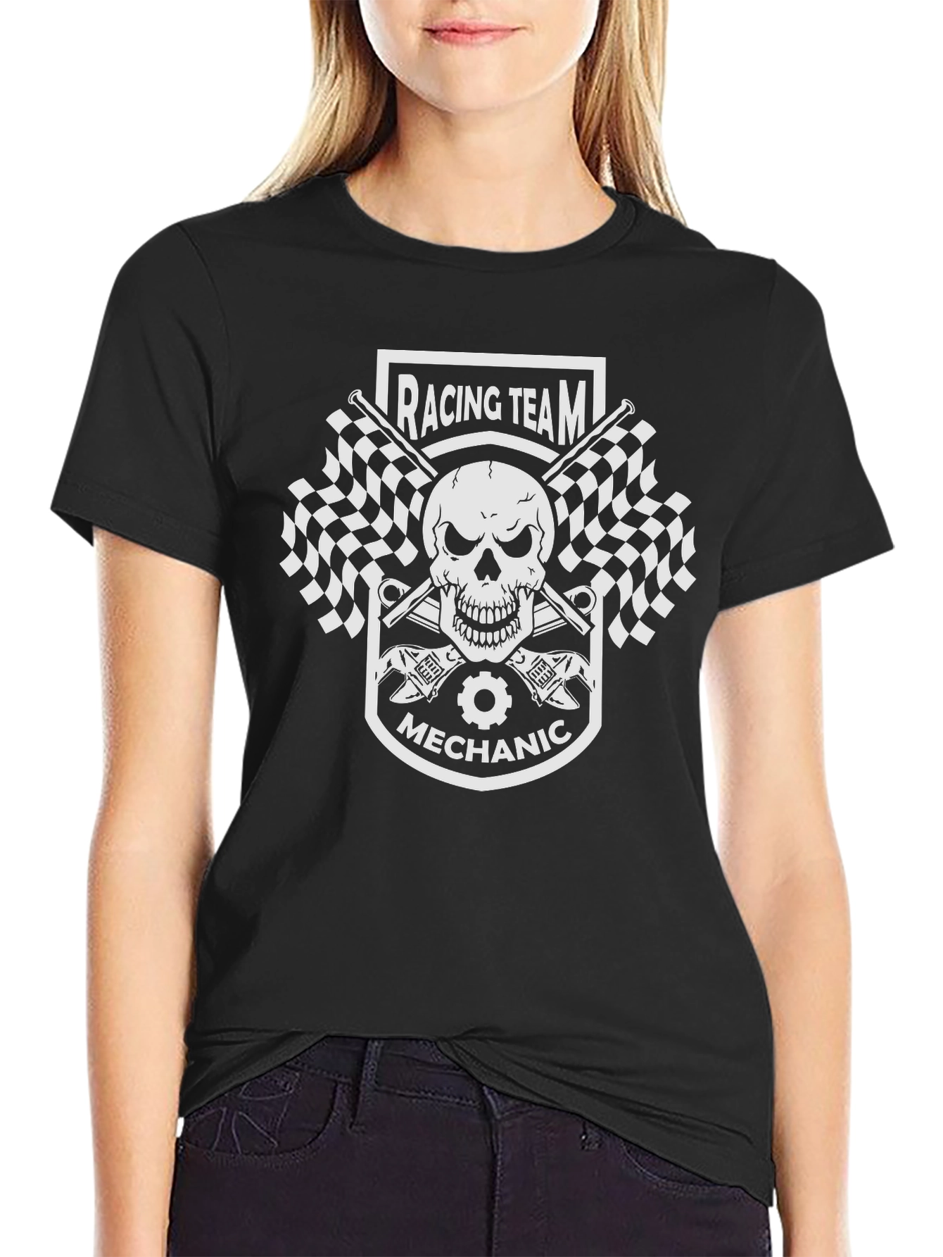 Racing Team Mechanic Skull Graphic T-Shirt