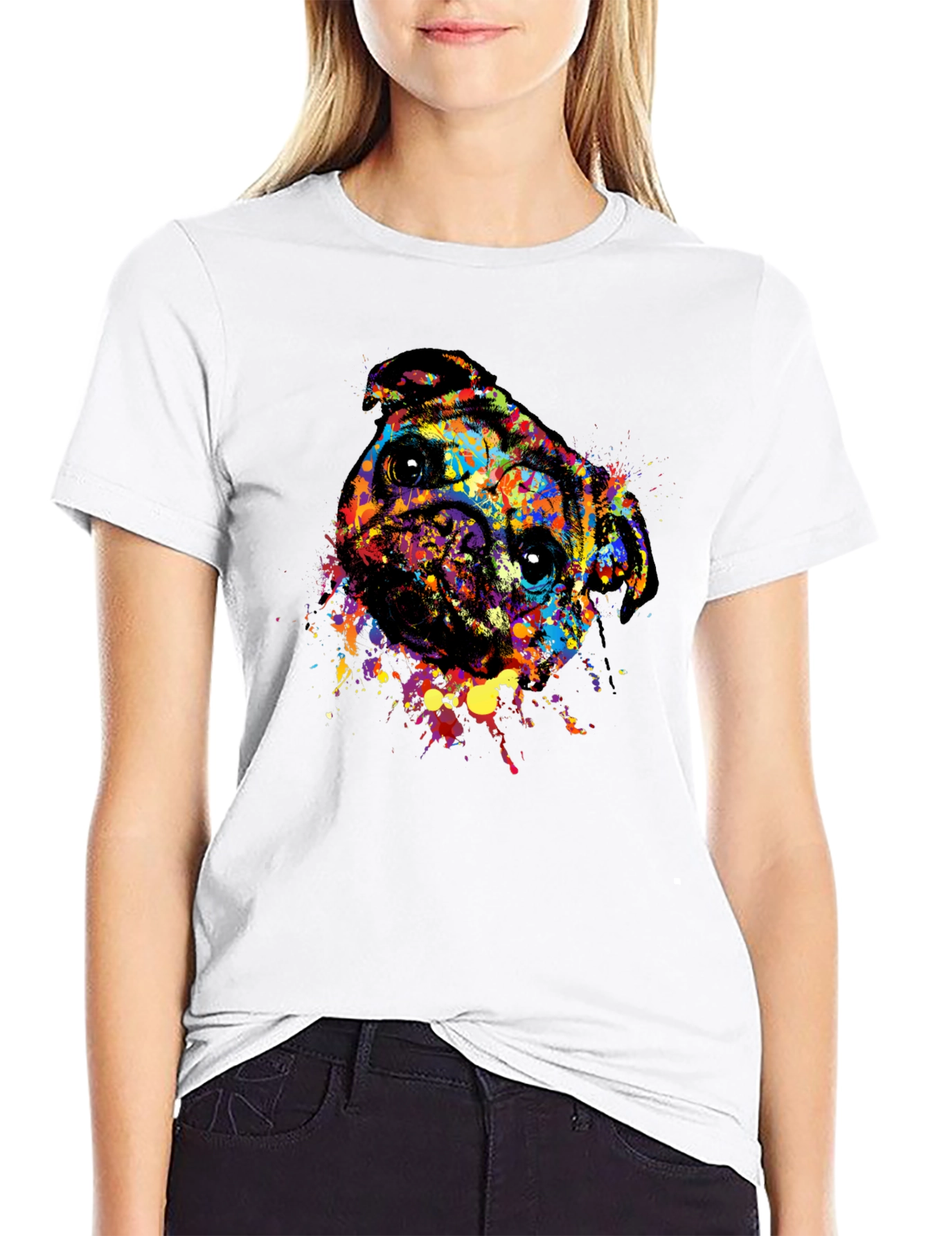 Abstract Pug Dog Graphic Tee - Black Crewneck