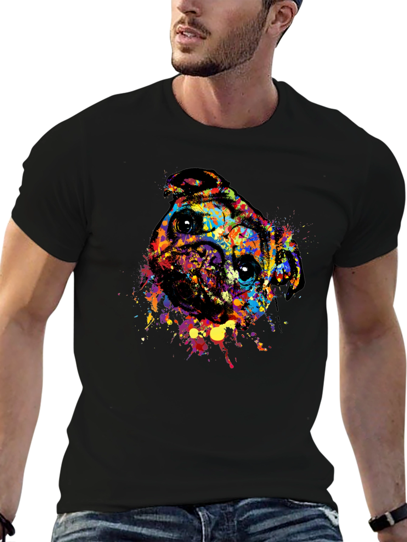 Abstract Pug Dog Graphic Tee - Black Crewneck