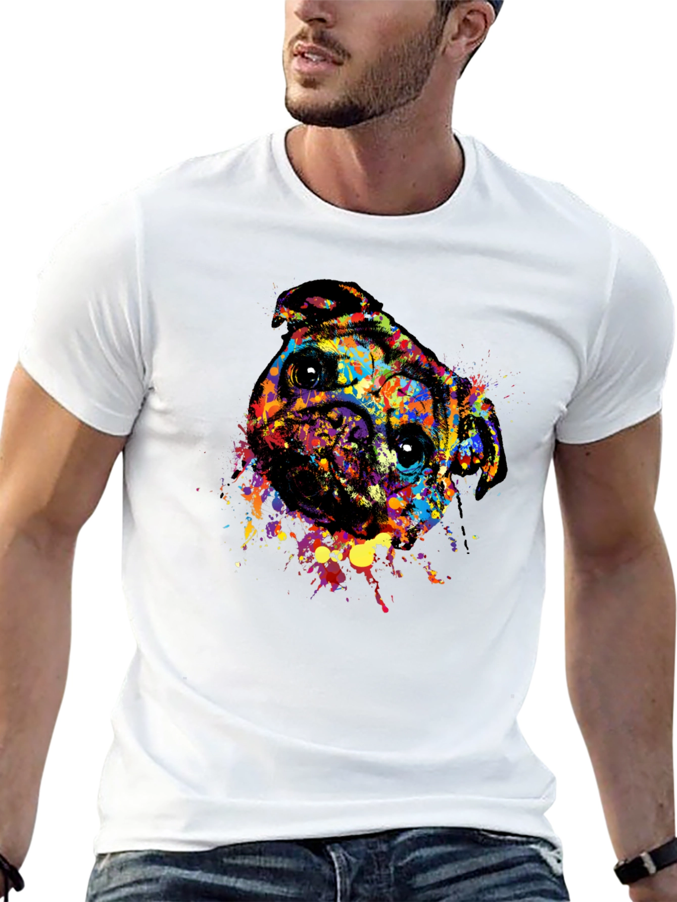 Abstract Pug Dog Graphic Tee - Black Crewneck