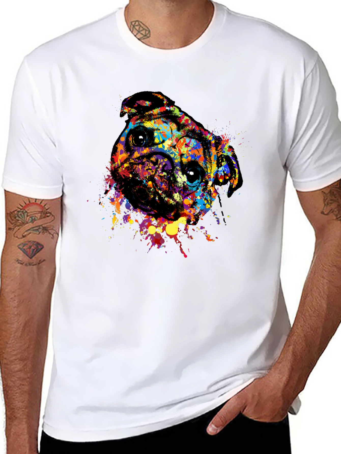 Abstract Pug Dog Graphic Tee - Black Crewneck