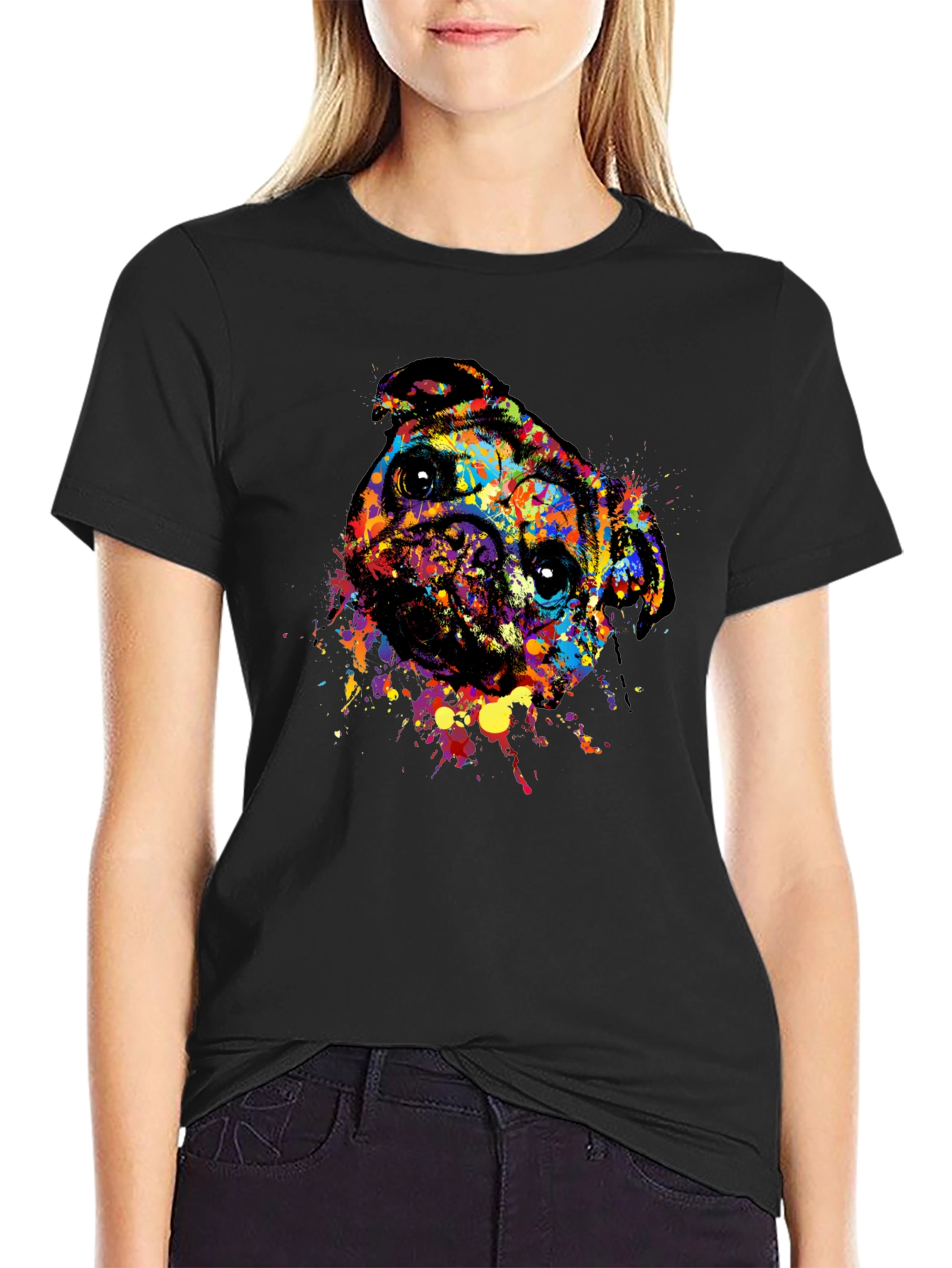 Abstract Pug Dog Graphic Tee - Black Crewneck