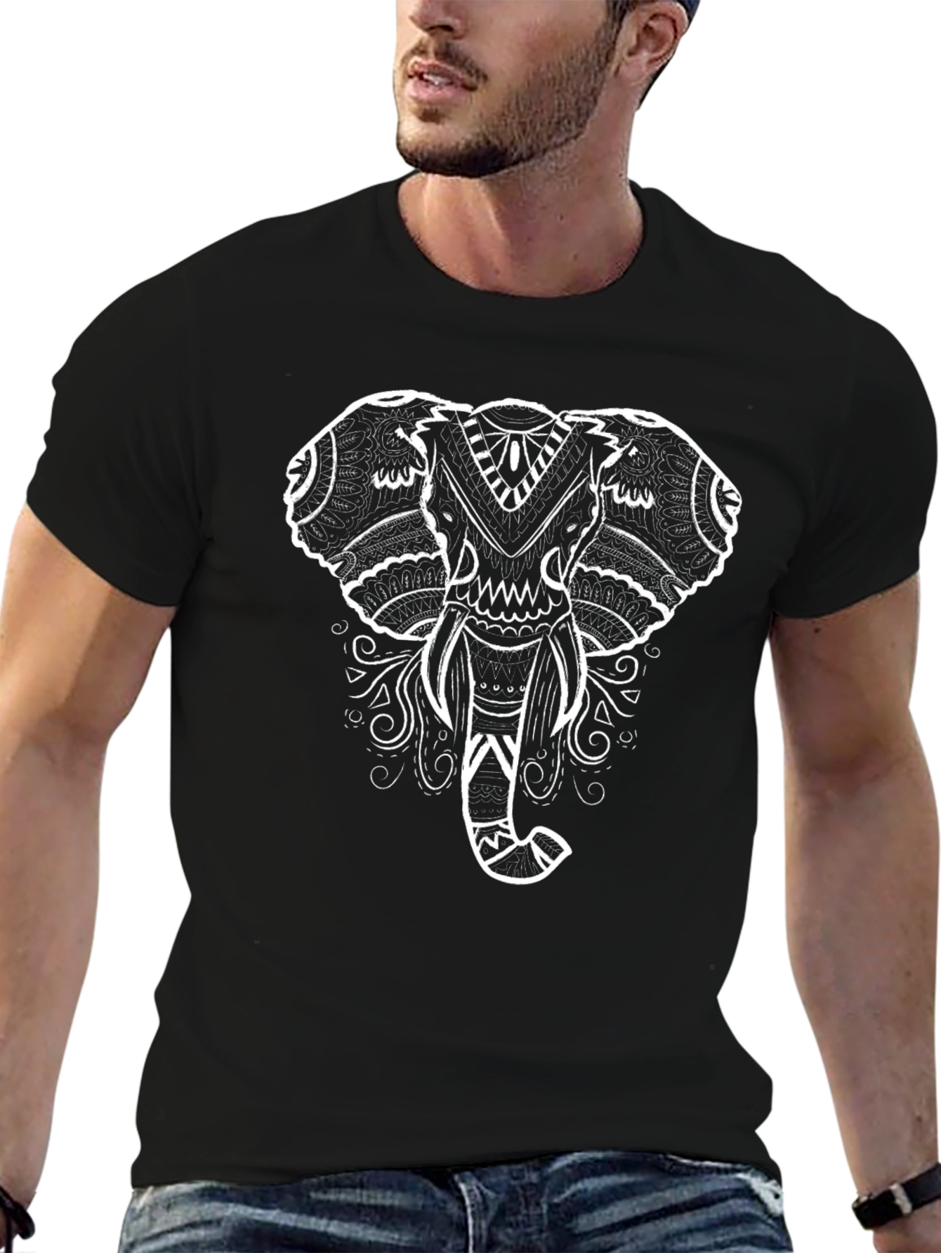 Elephant Mandala Graphic Tee - Black Cotton T-Shirt