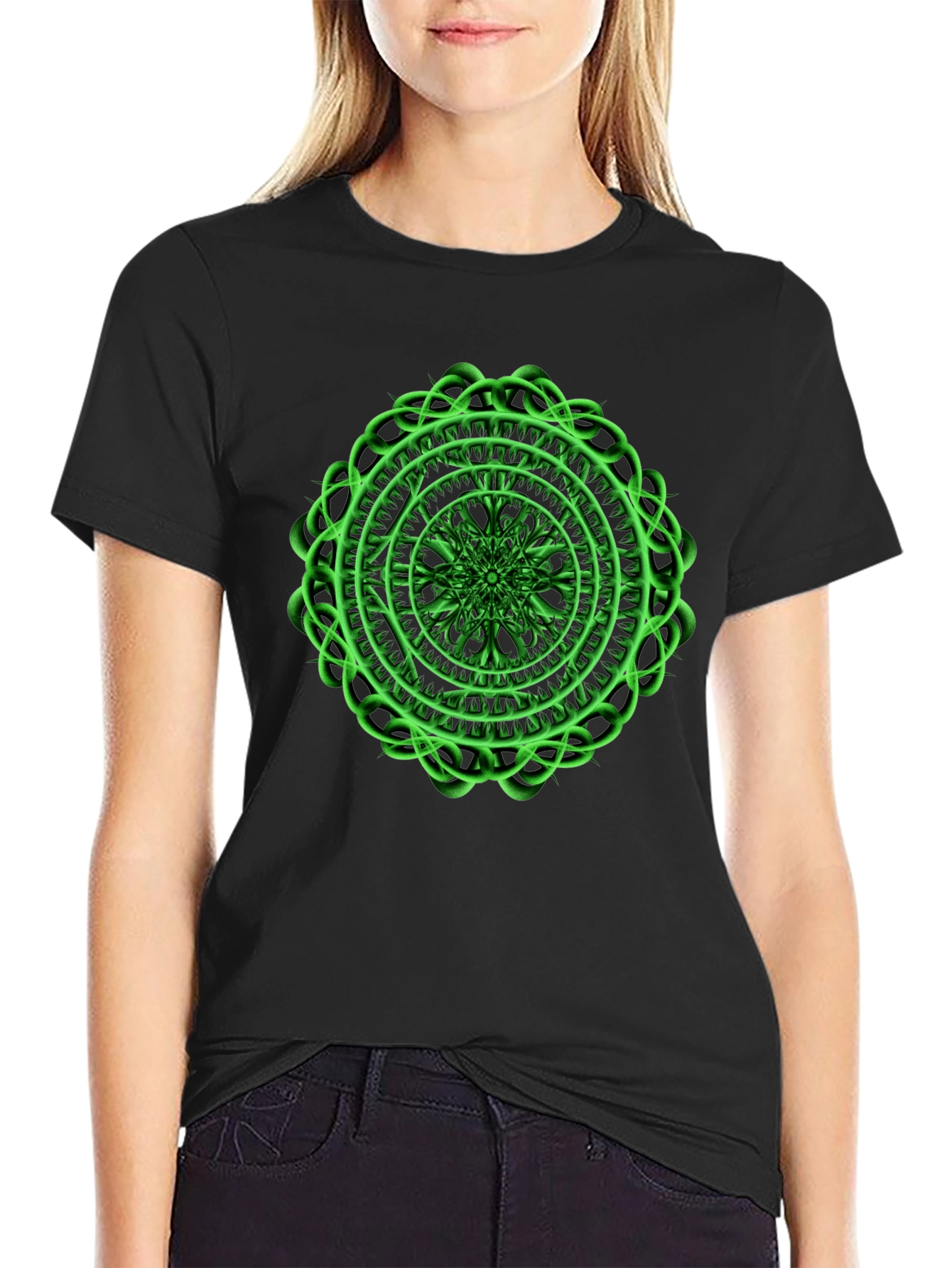Mens Black T-Shirt with Green Mandala Design