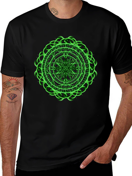 Mens Black T-Shirt with Green Mandala Design