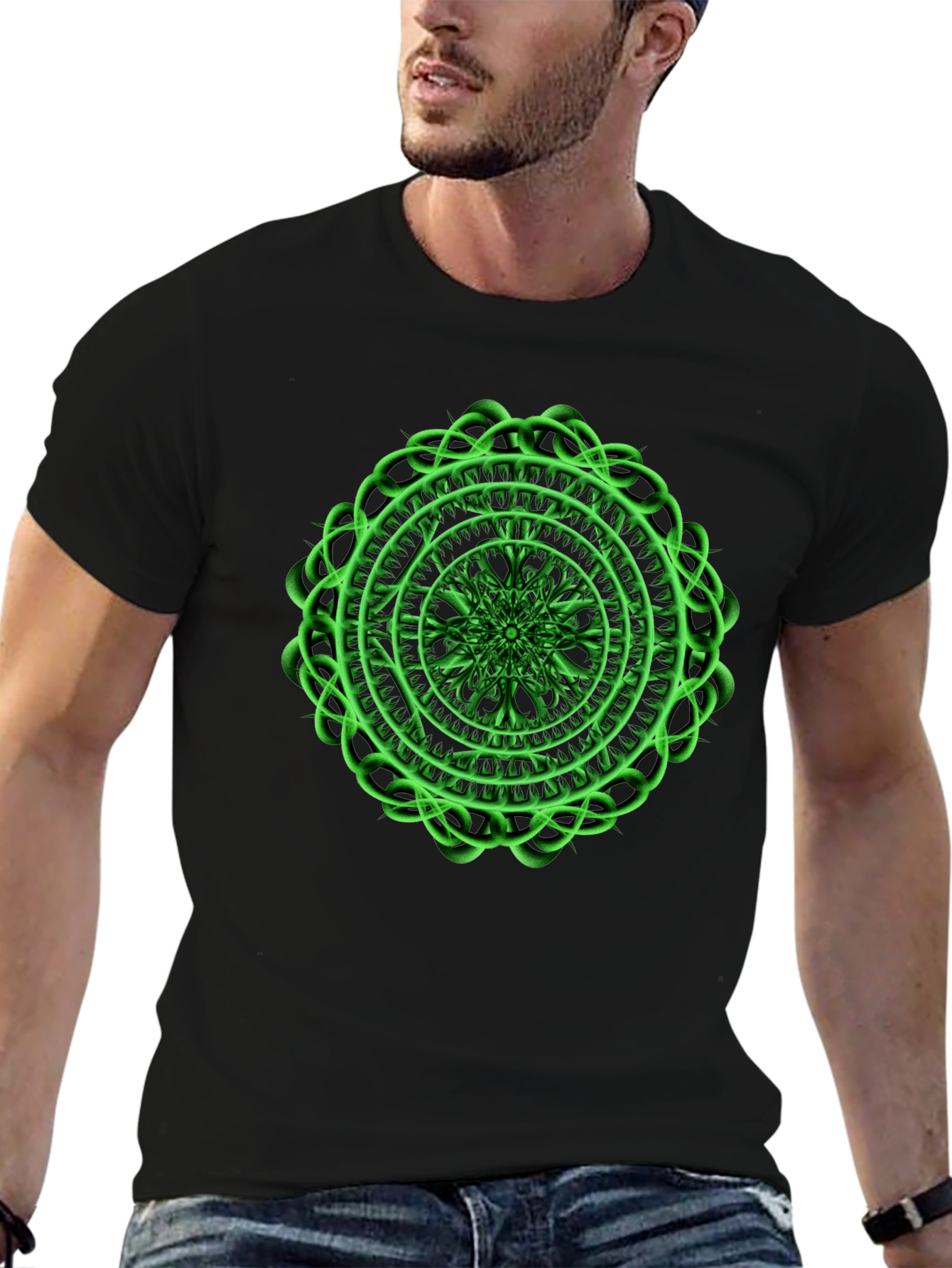 Mens Black T-Shirt with Green Mandala Design