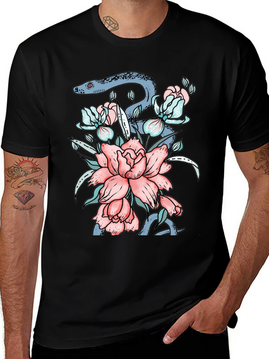 Snake and Floral Graphic Tee - Mens Black T-Shirt