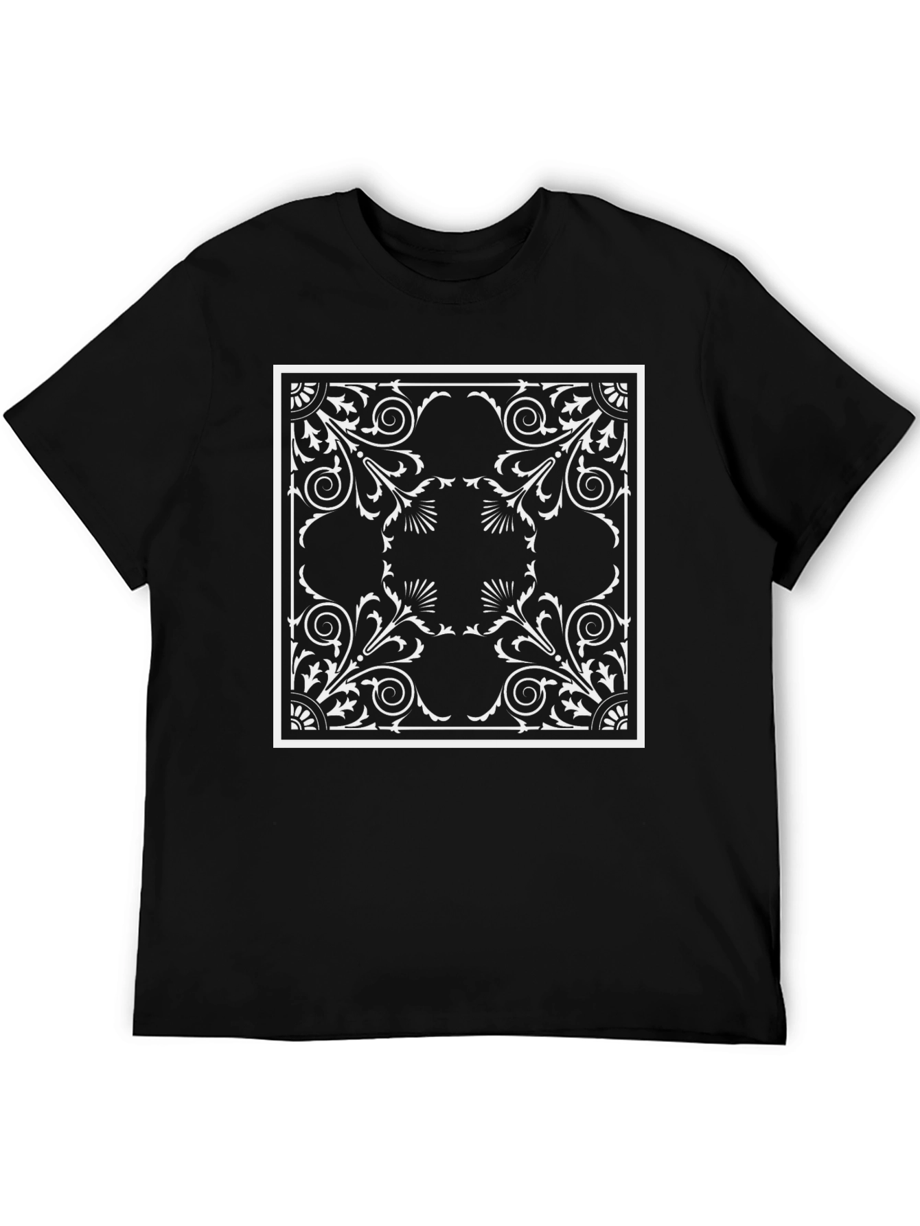 Elegant Black T-Shirt with Ornate Square Print