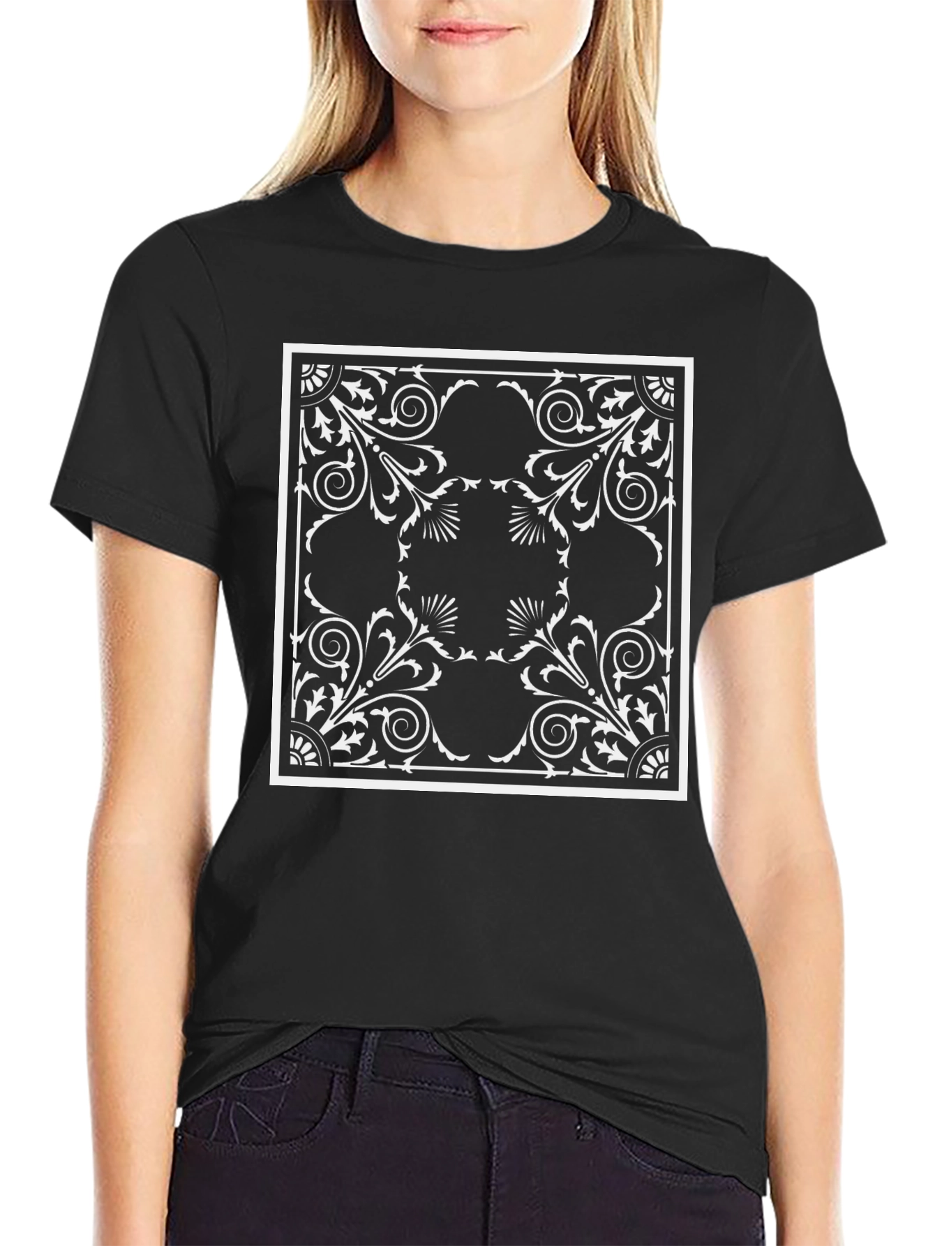Elegant Black T-Shirt with Ornate Square Print