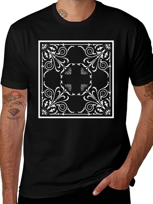 Elegant Black T-Shirt with Ornate Square Print