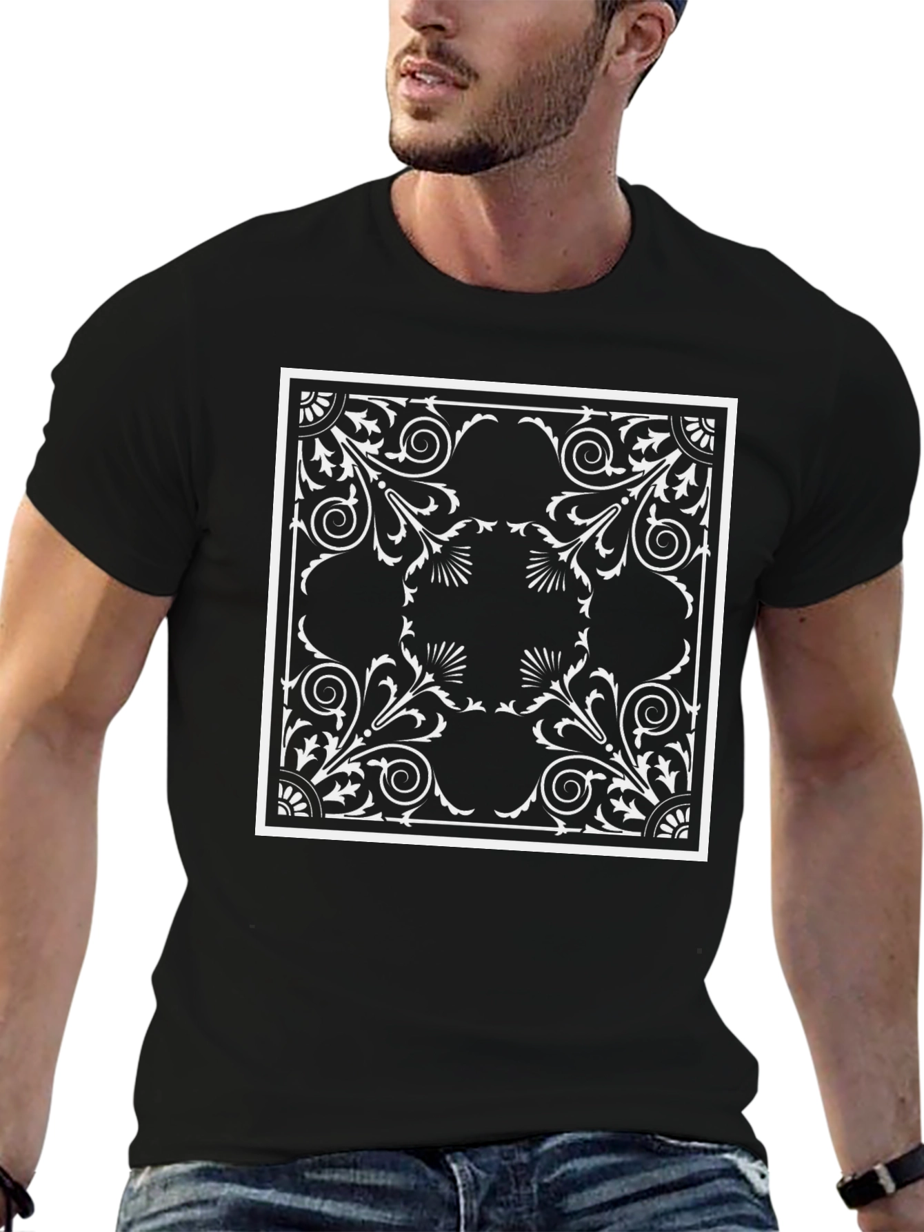Elegant Black T-Shirt with Ornate Square Print