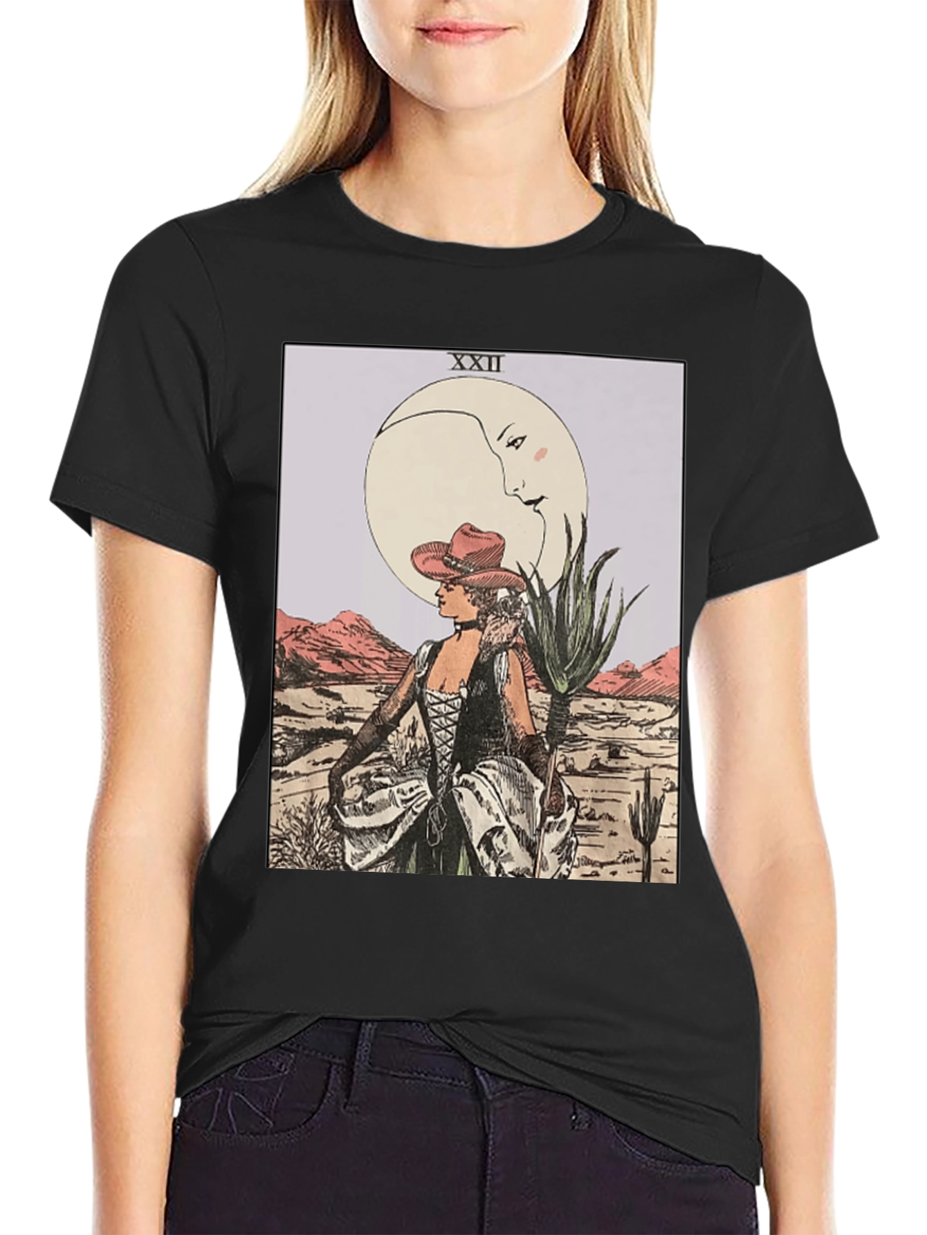 Moon Tarot Card Graphic T-Shirt - Desert Cowgirl Design