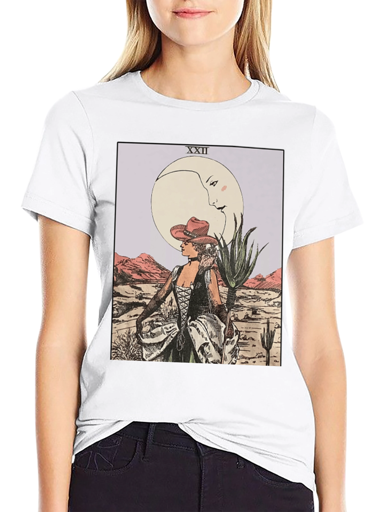 Moon Tarot Card Graphic T-Shirt - Desert Cowgirl Design