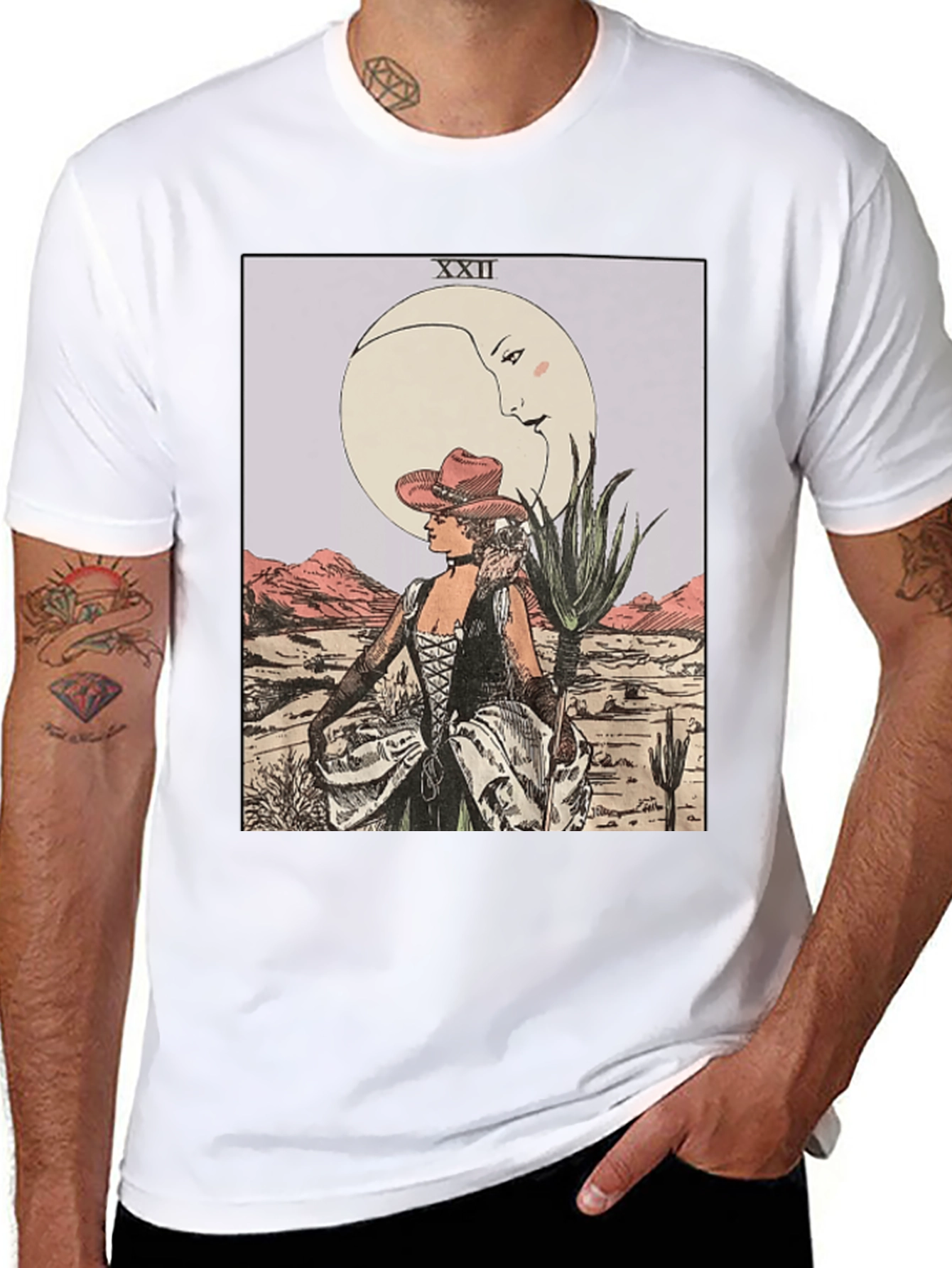 Moon Tarot Card Graphic T-Shirt - Desert Cowgirl Design