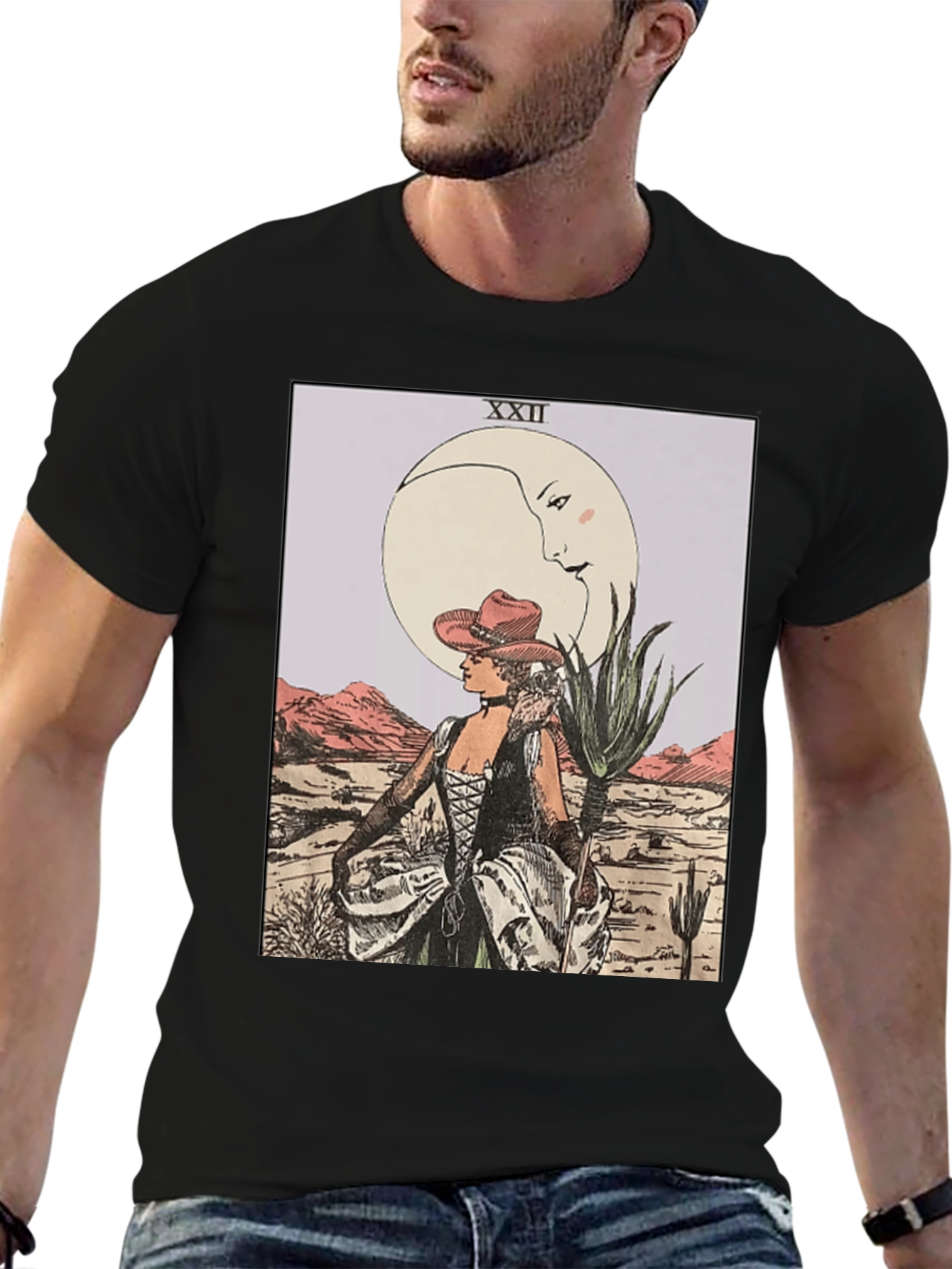 Moon Tarot Card Graphic T-Shirt - Desert Cowgirl Design