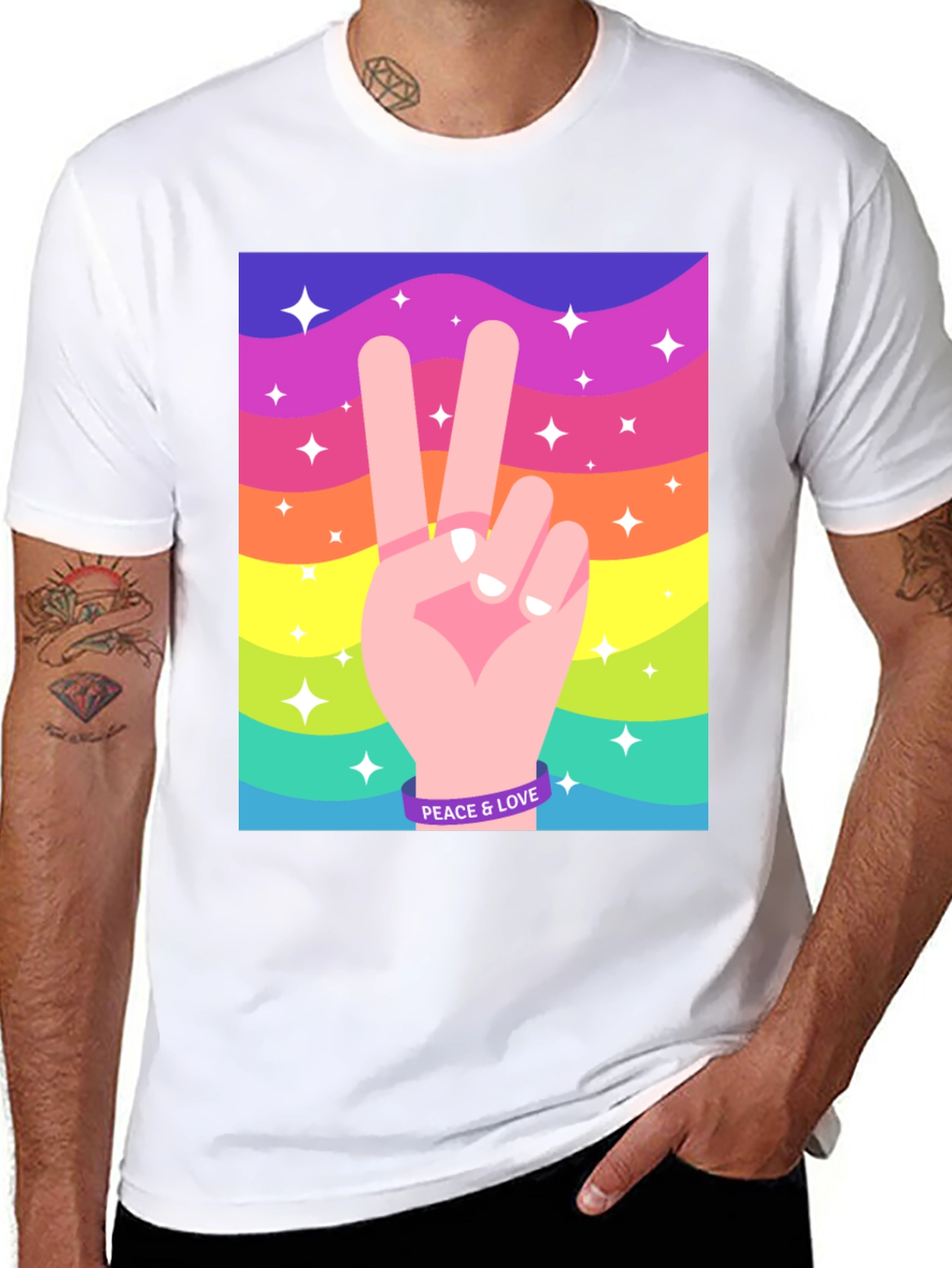 Peace and Love Graphic Tee - Retro Rainbow Design