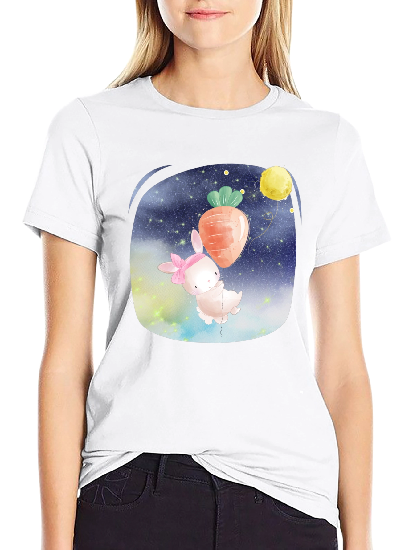 Cute Bunny Carrot Balloon Black T-Shirt