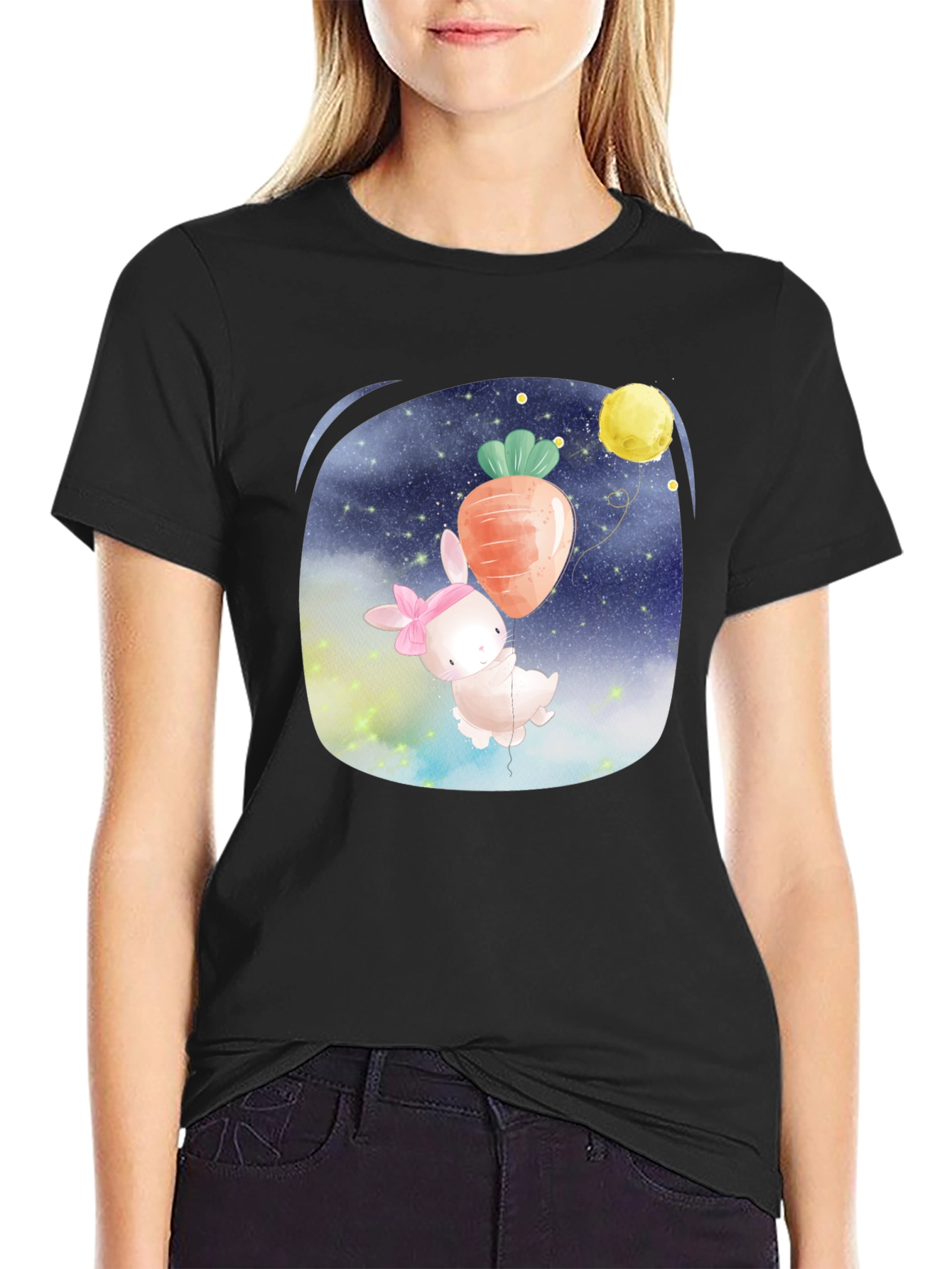 Cute Bunny Carrot Balloon Black T-Shirt